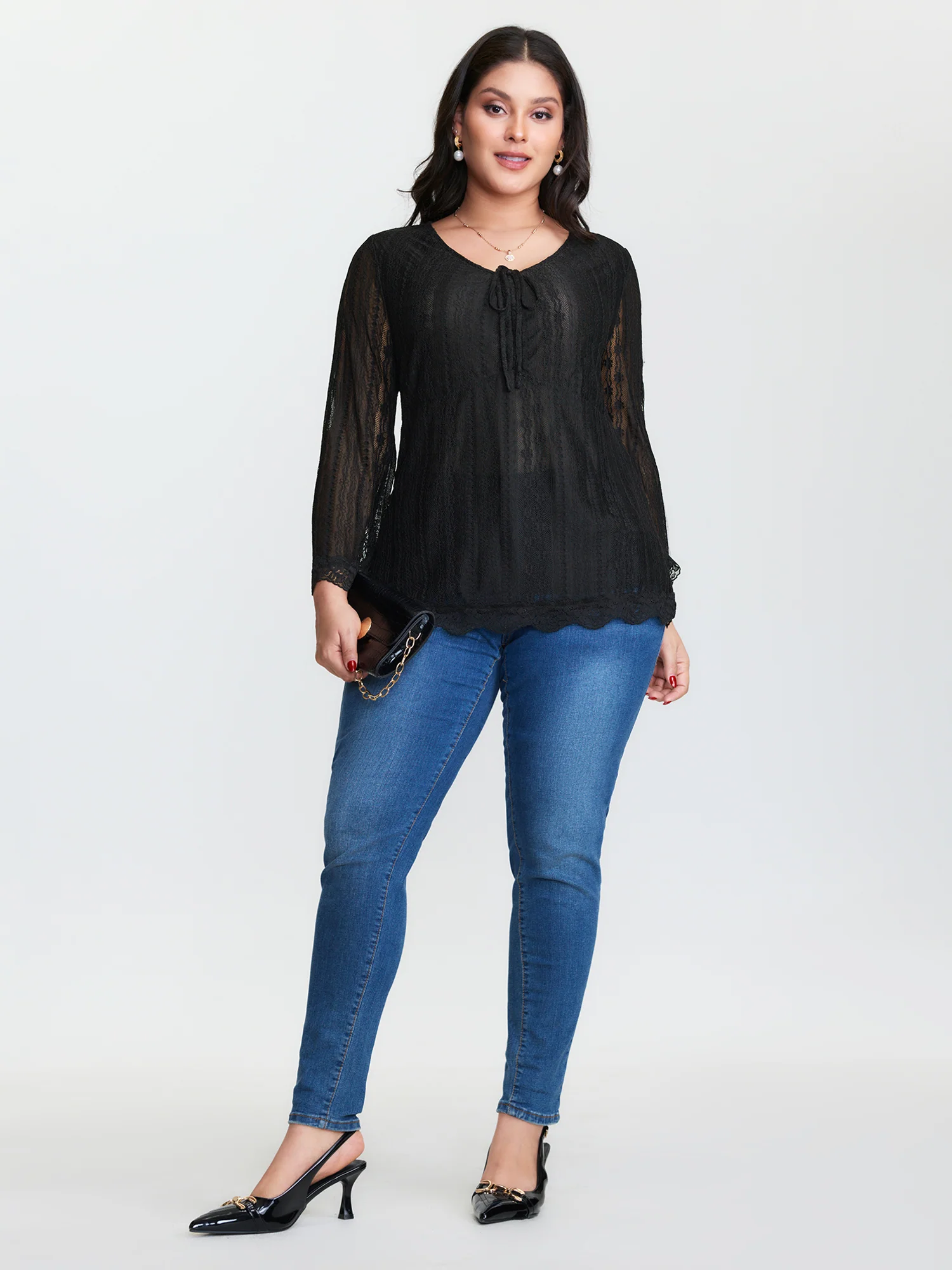 Lace Ruched Drawstring Neckline Knit Top - Image 2