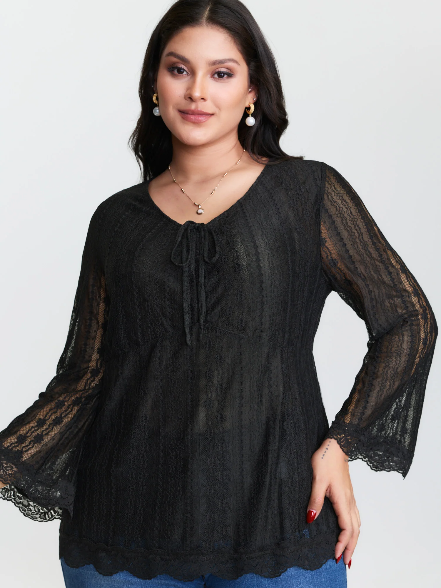 Lace Ruched Drawstring Neckline Knit Top - Image 3