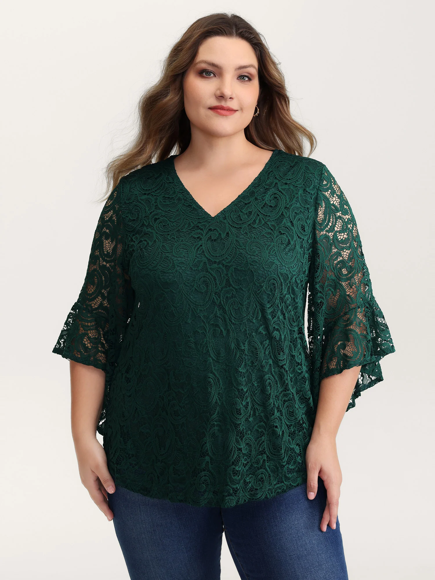 Lace Sheer Flared Sleeve V-Neck Blouse - Image 2
