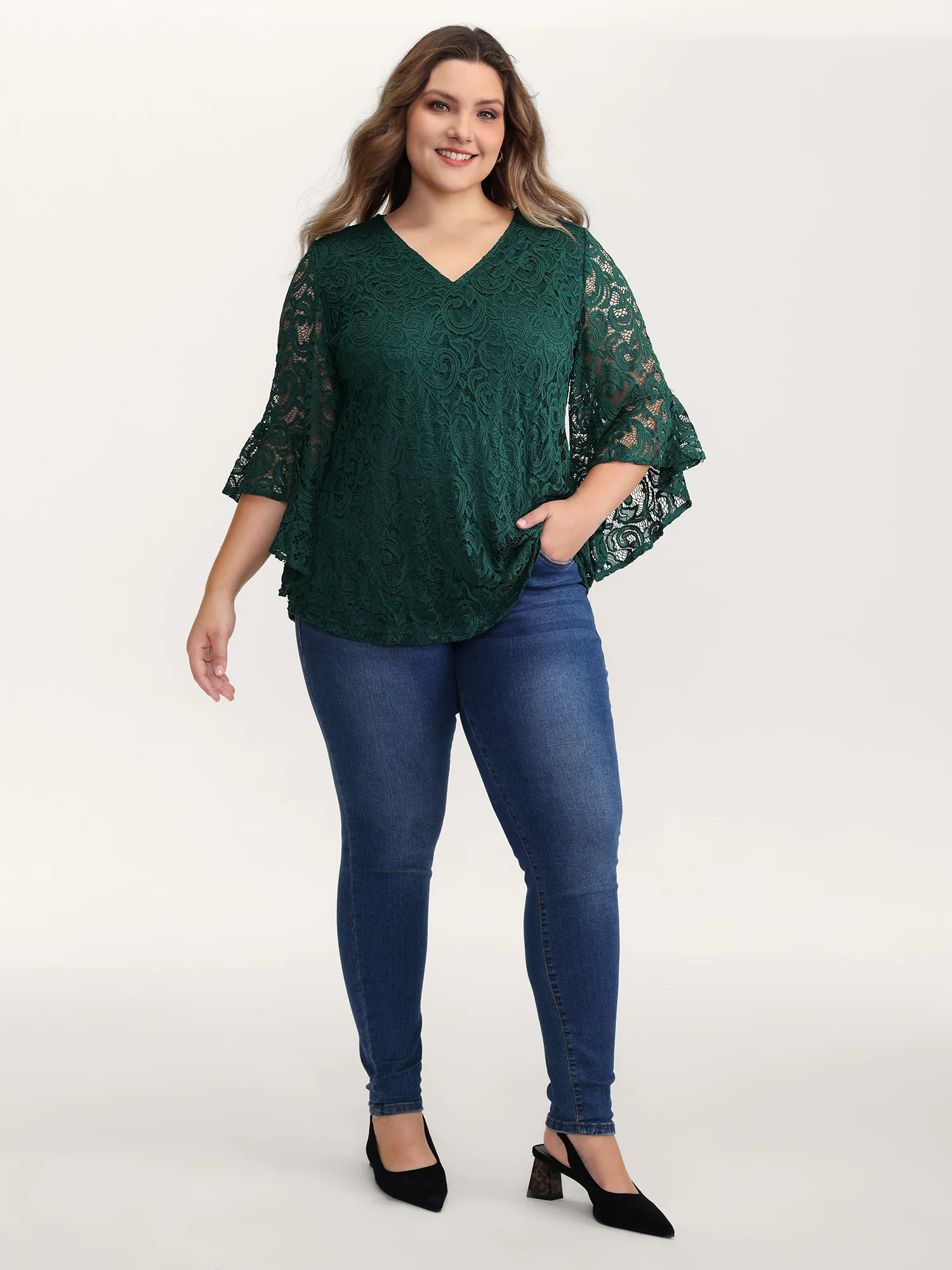 Lace Sheer Flared Sleeve V-Neck Blouse - Image 3