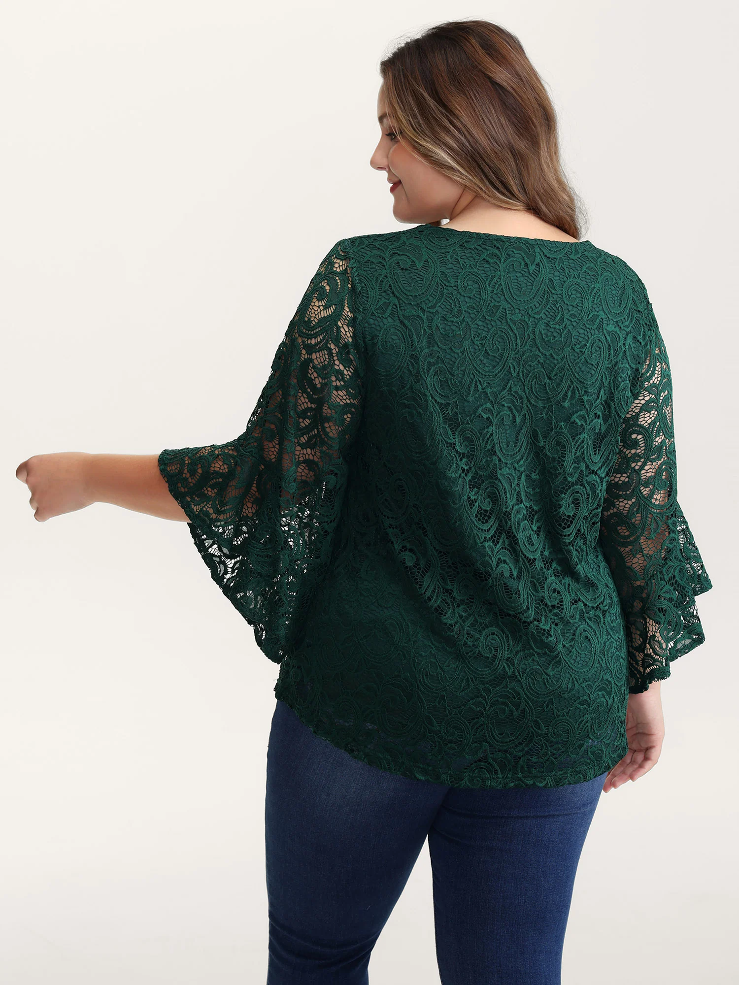 Lace Sheer Flared Sleeve V-Neck Blouse - Image 4