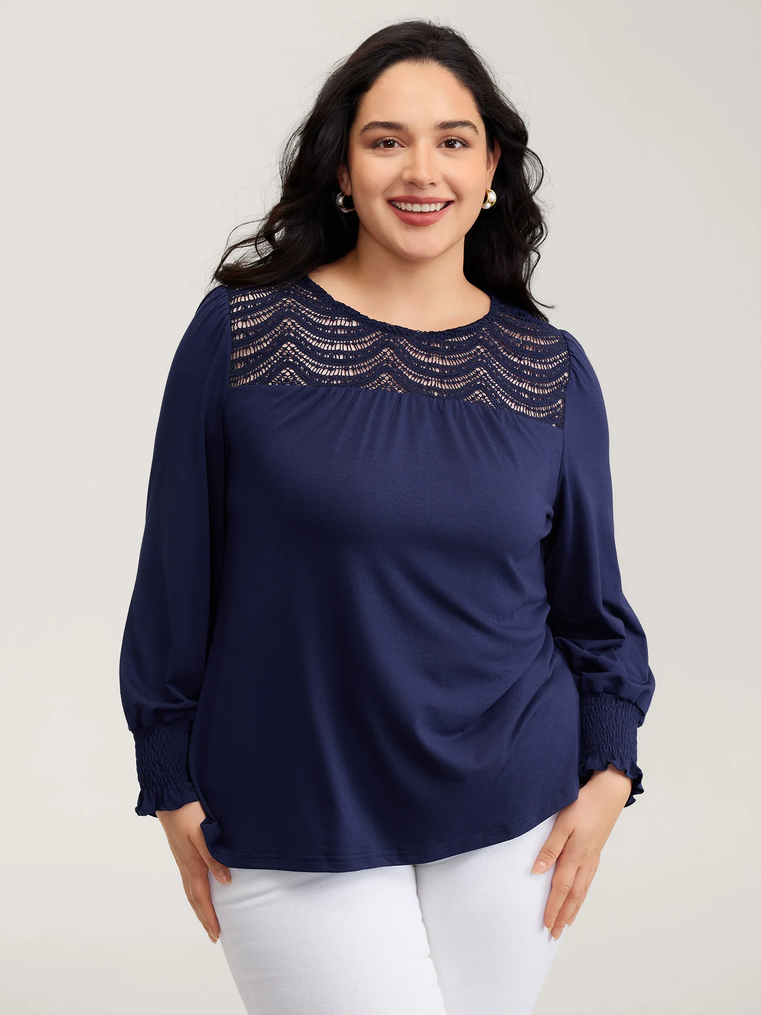 Lace Sheer Neckline Balloon Sleeve Knit Top - Image 2