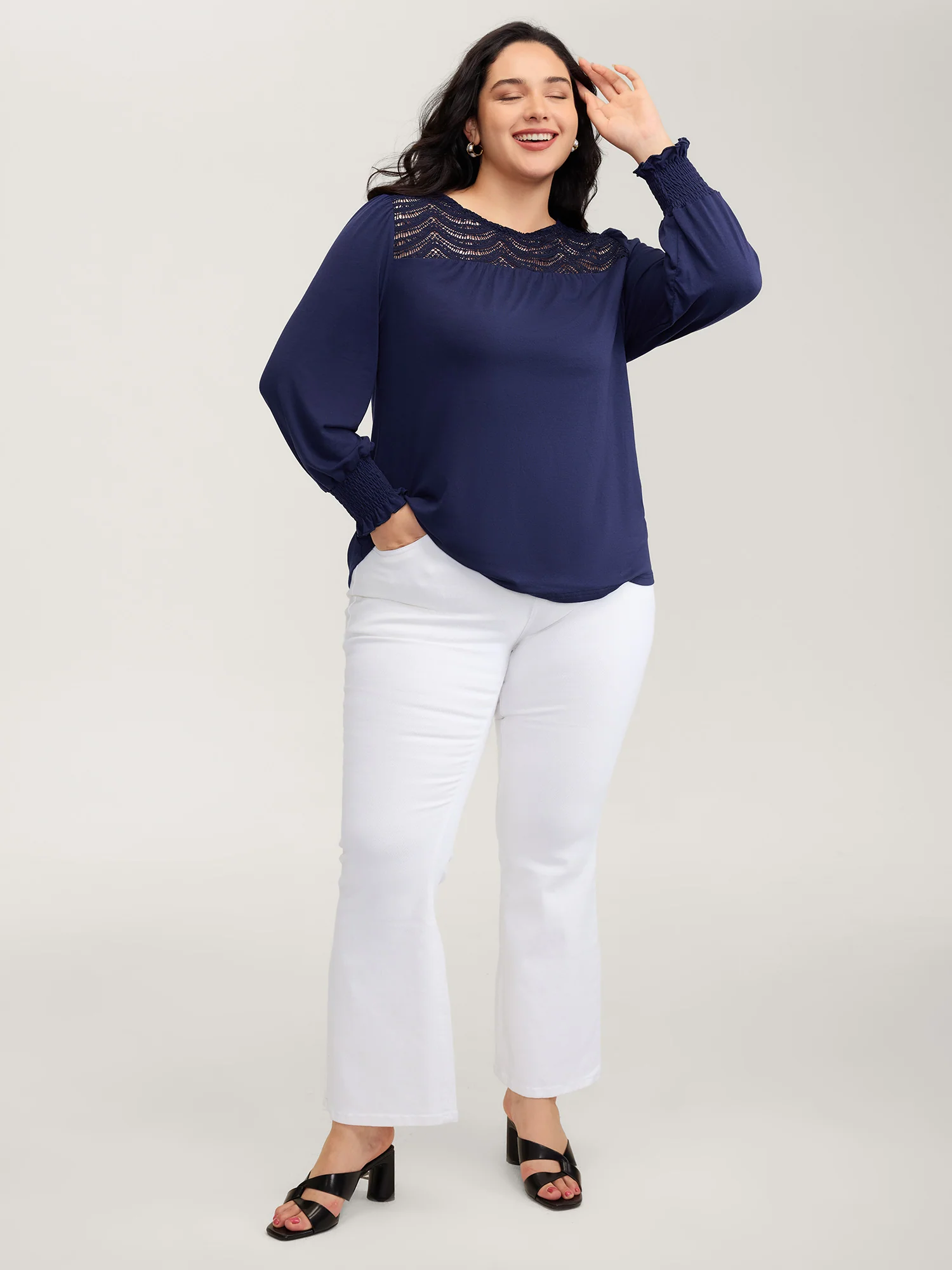 Lace Sheer Neckline Balloon Sleeve Knit Top - Image 3
