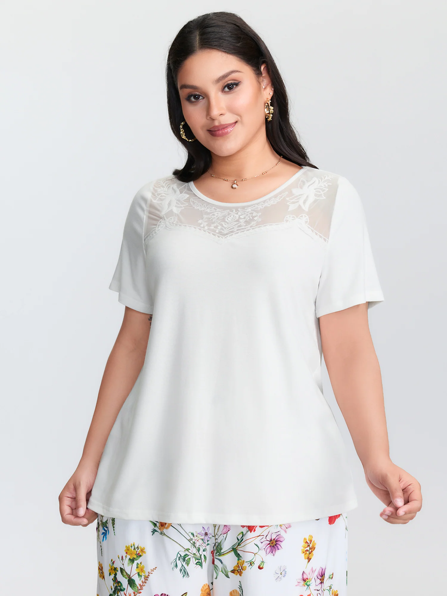 Lace Sheer Neckline Flowy T-Shirt