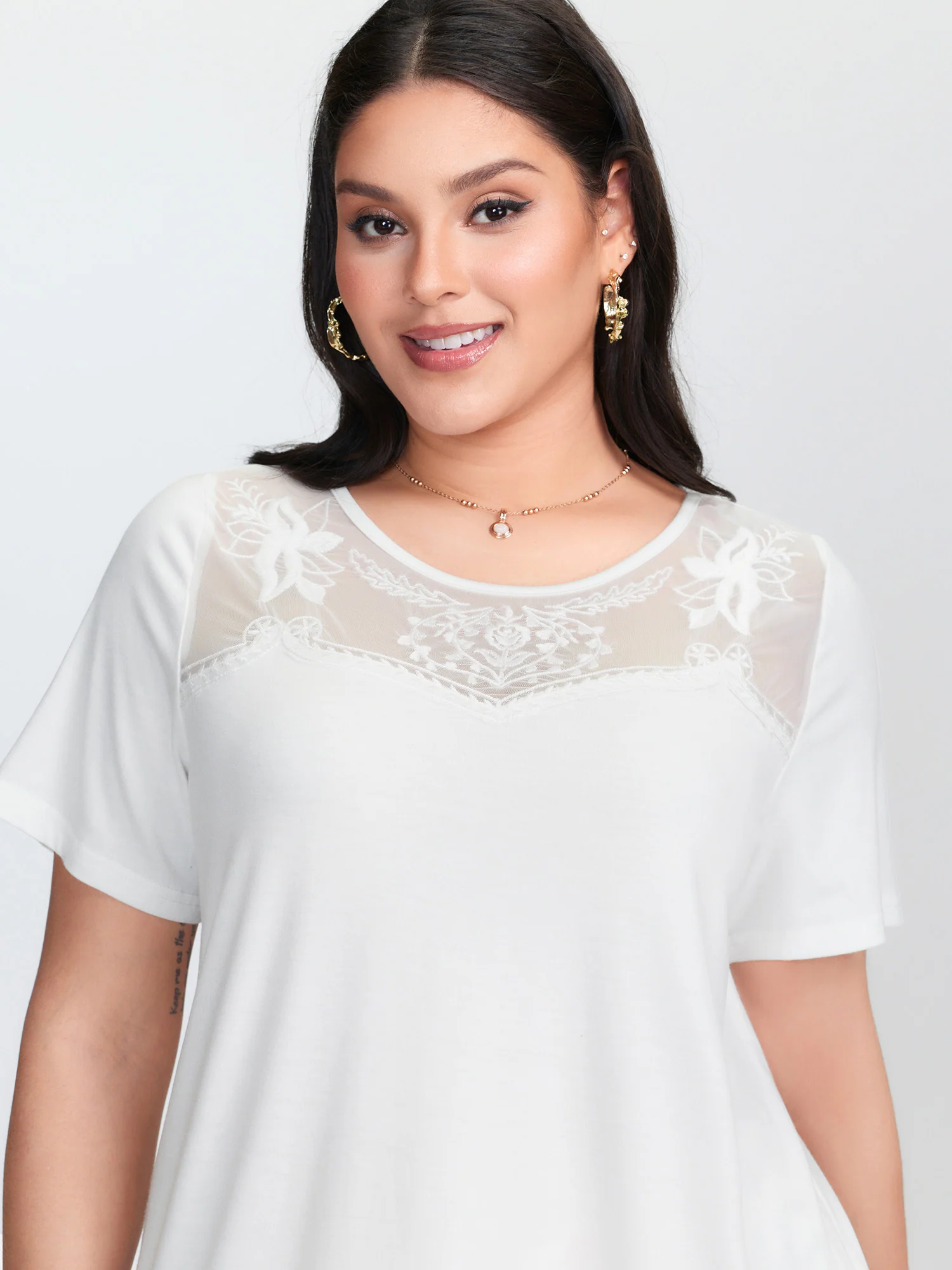 Lace Sheer Neckline Flowy T-Shirt - Image 2