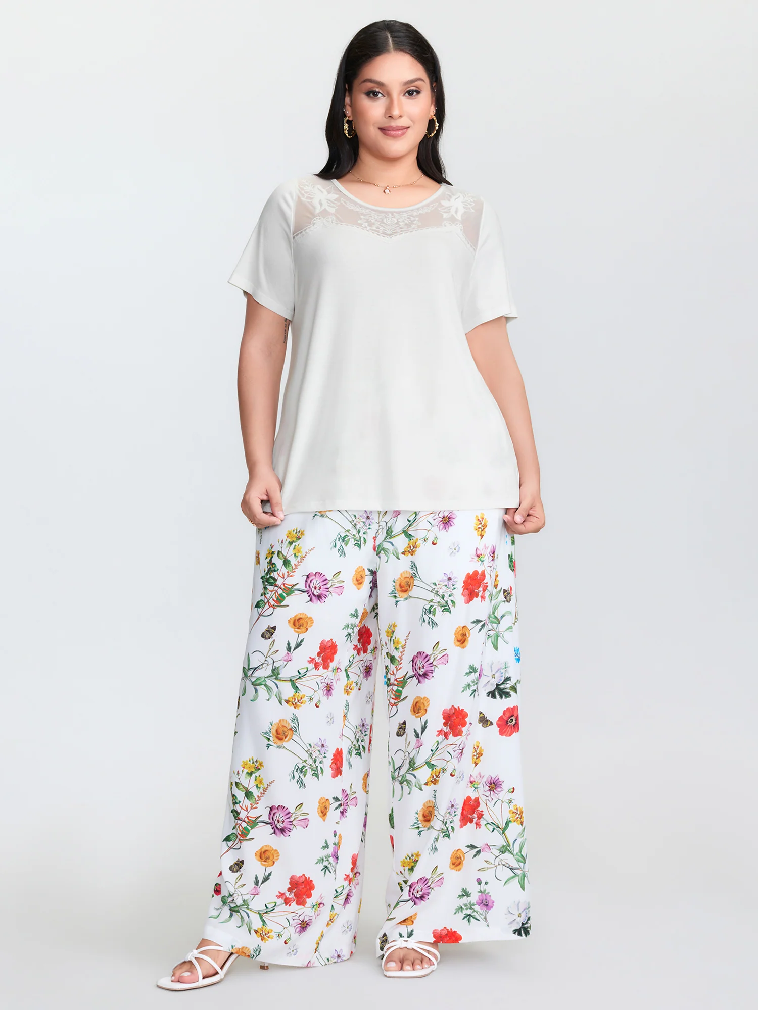 Lace Sheer Neckline Flowy T-Shirt - Image 3