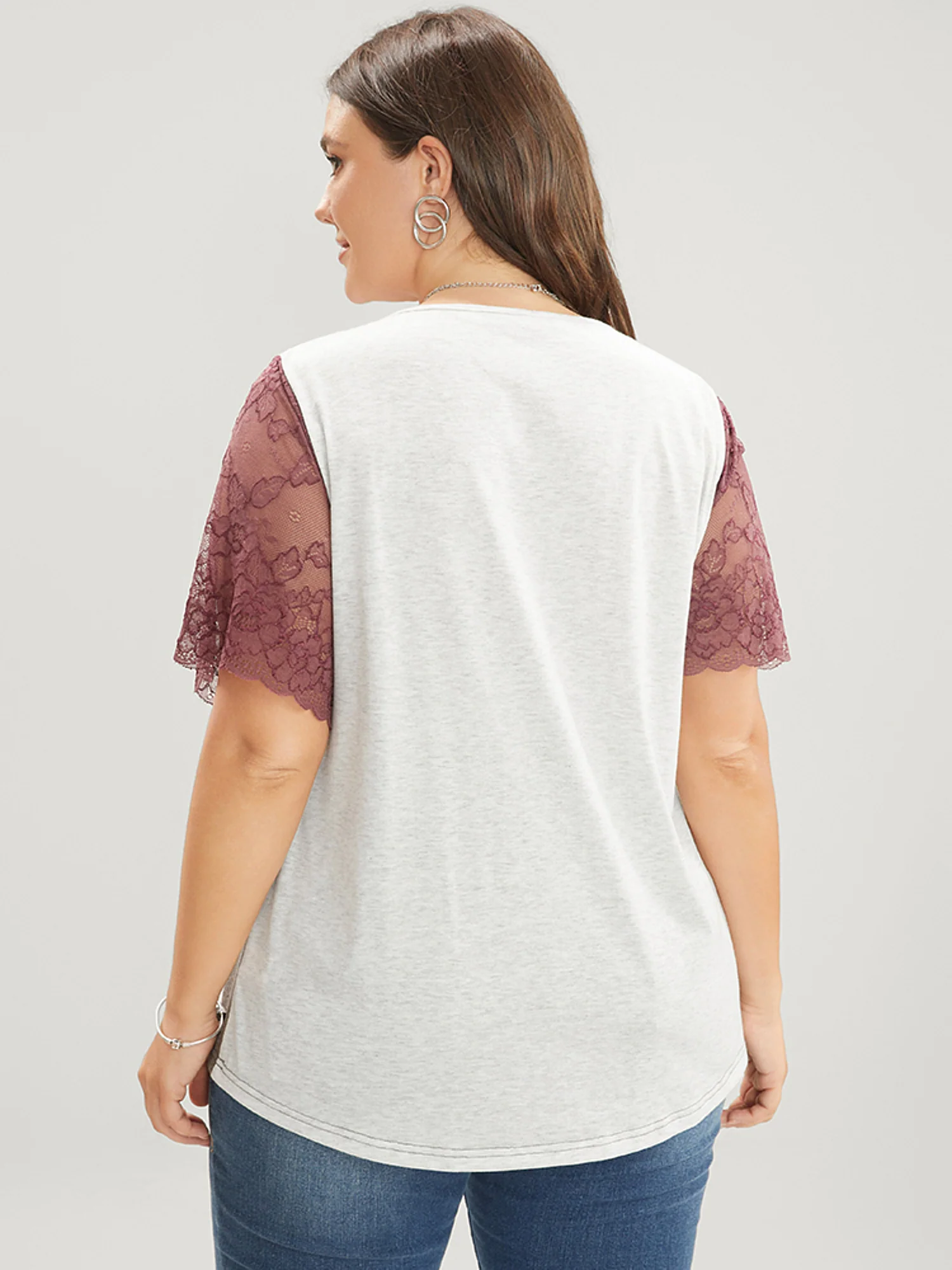 Lace Sheer Sleeve Color Contrast T-Shirt - Image 7