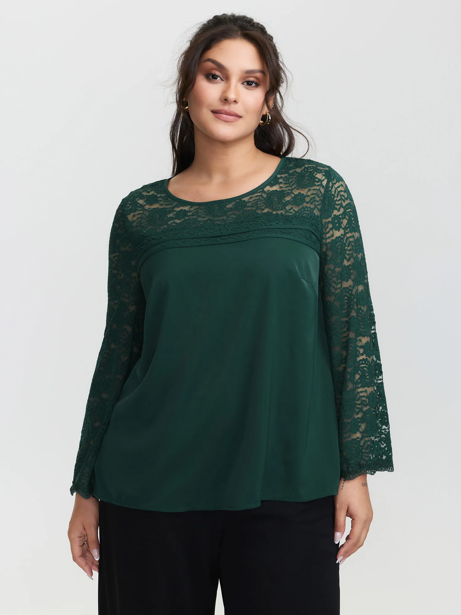 Lace Sheer Sleeve Curvy Hem Blouse - Image 2