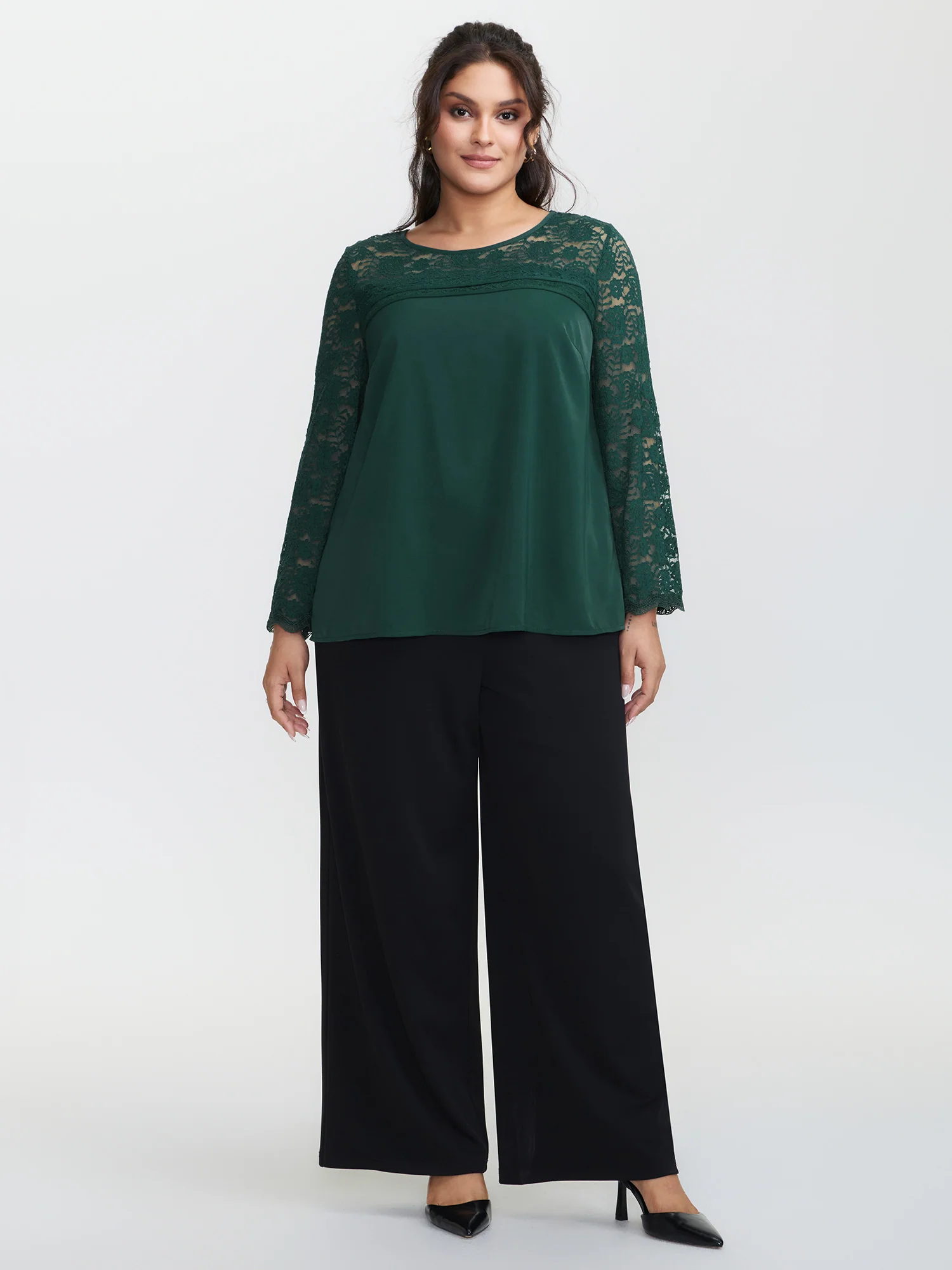 Lace Sheer Sleeve Curvy Hem Blouse - Image 3