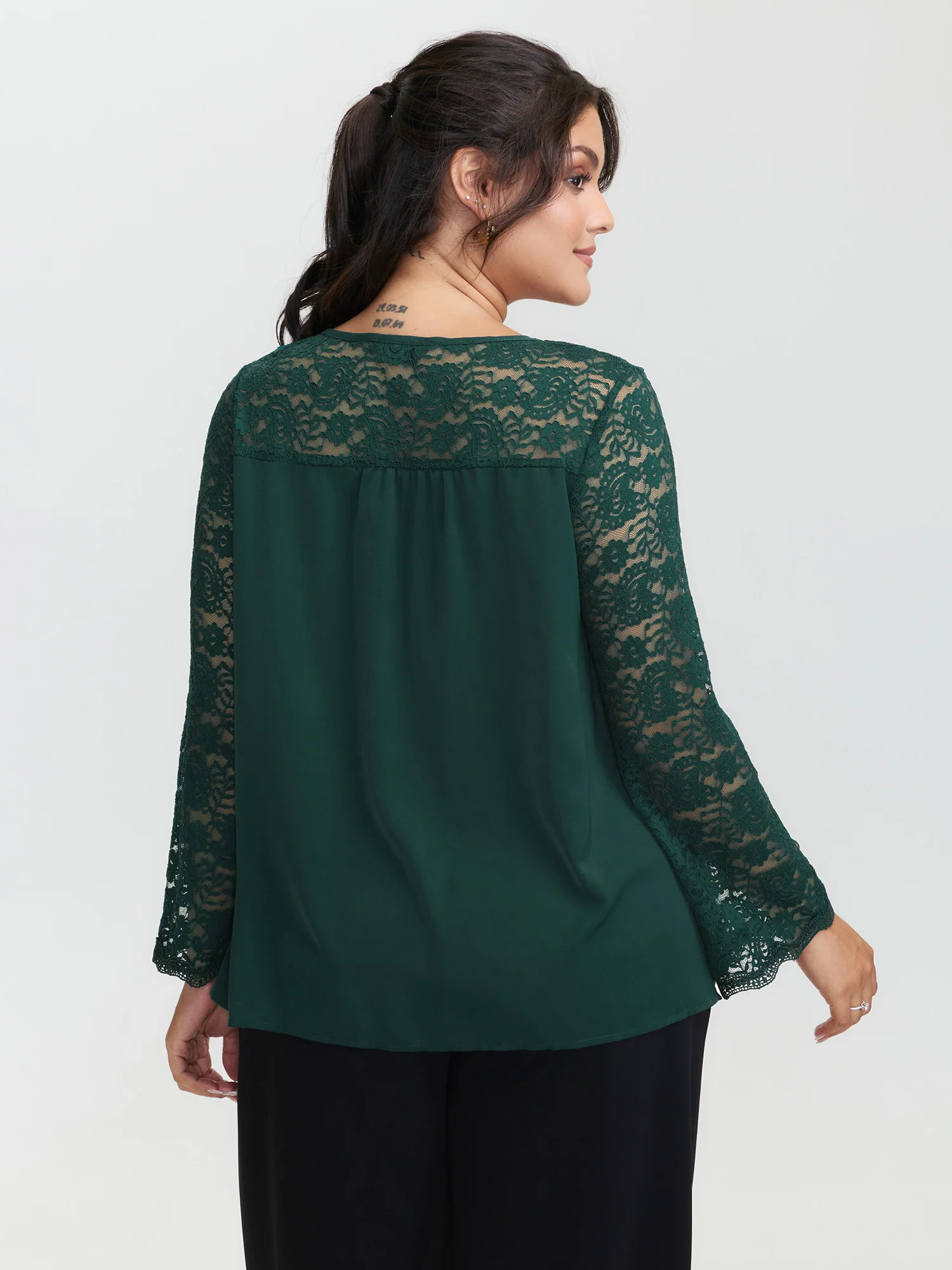 Lace Sheer Sleeve Curvy Hem Blouse - Image 4