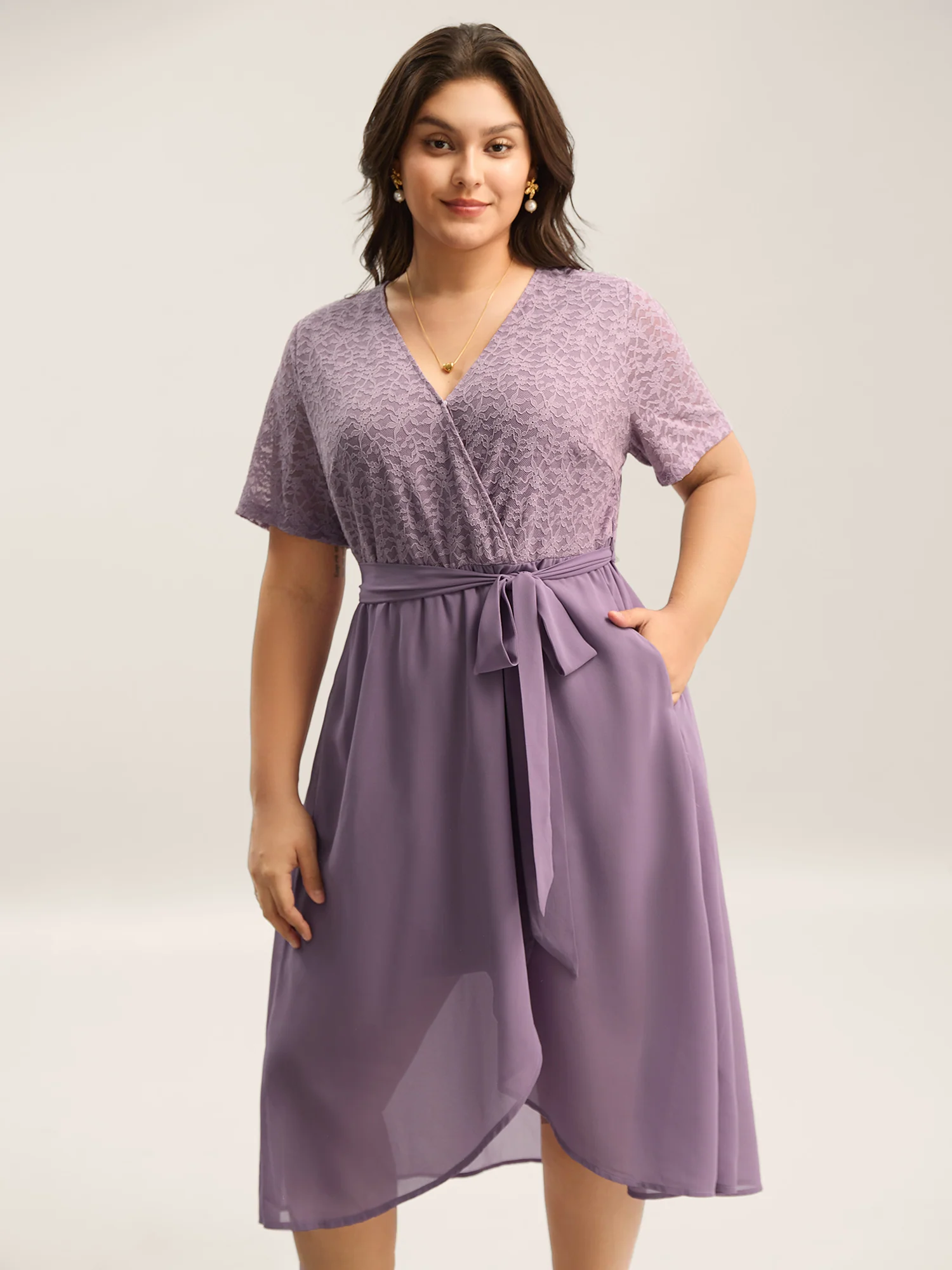 Lace Sheer Stretchy Waist Tie Midi Dress - Image 3