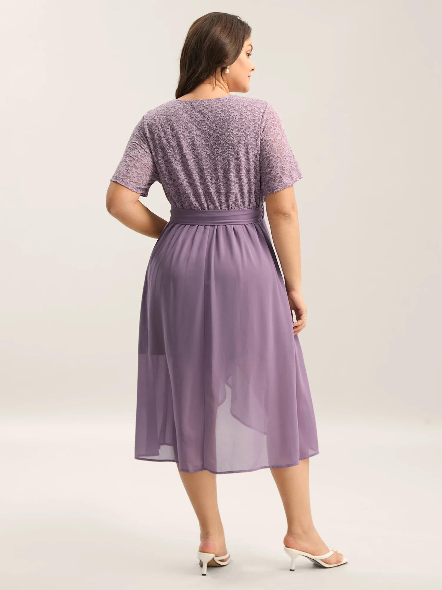 Lace Sheer Stretchy Waist Tie Midi Dress - Image 4