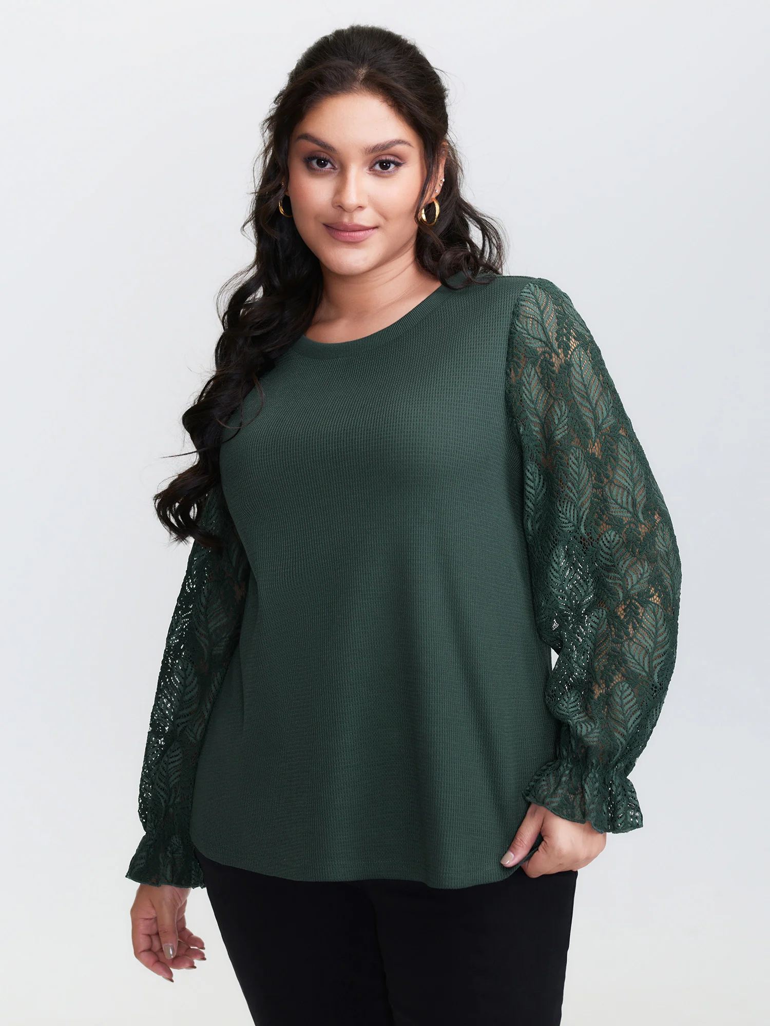 Lace Shirred Cuff Sleeve Sweatshirt - Image 2