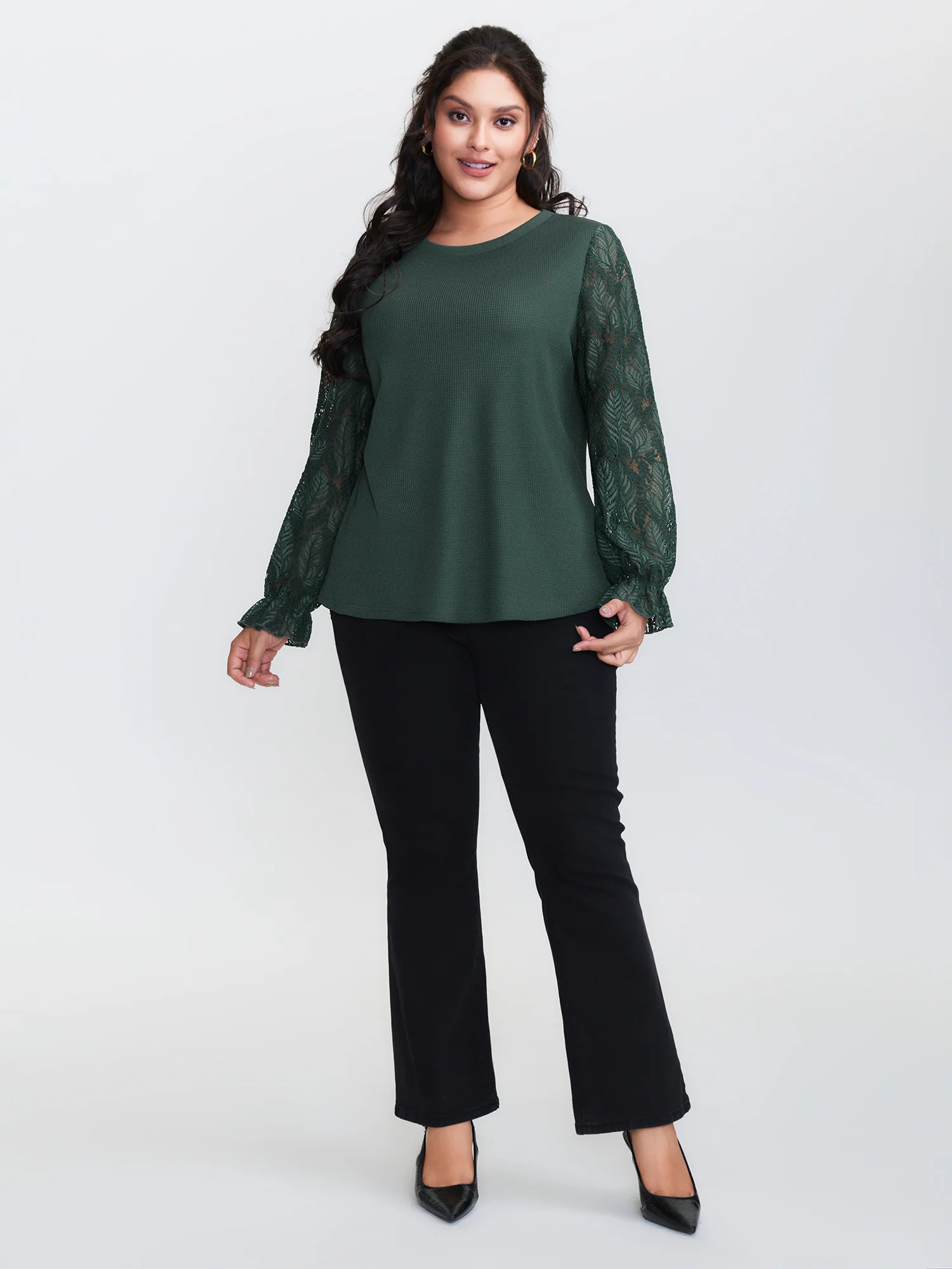 Lace Shirred Cuff Sleeve Sweatshirt - Image 3