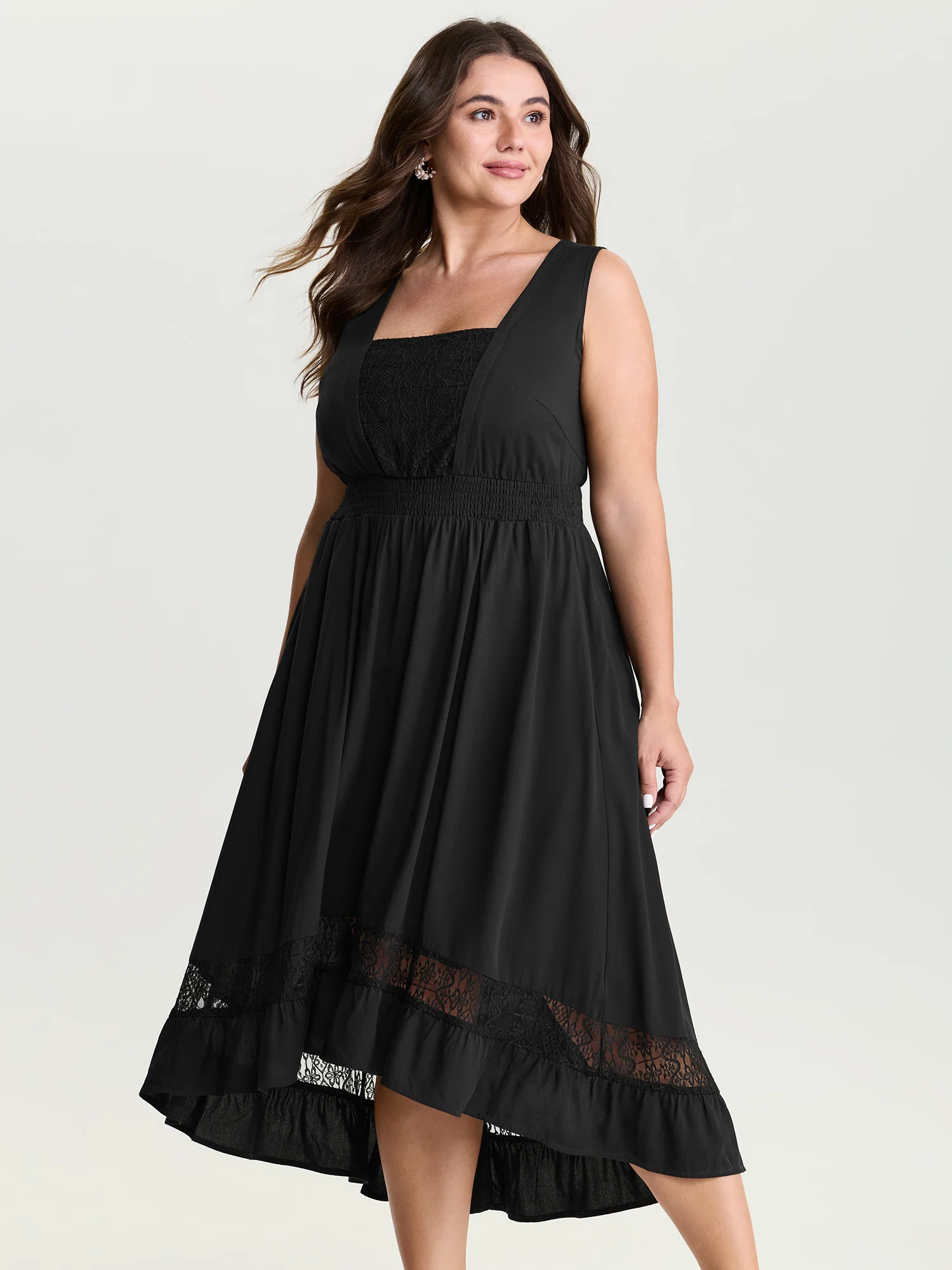 Lace Shirred Waist High Low Hem Midi Dress - Image 2