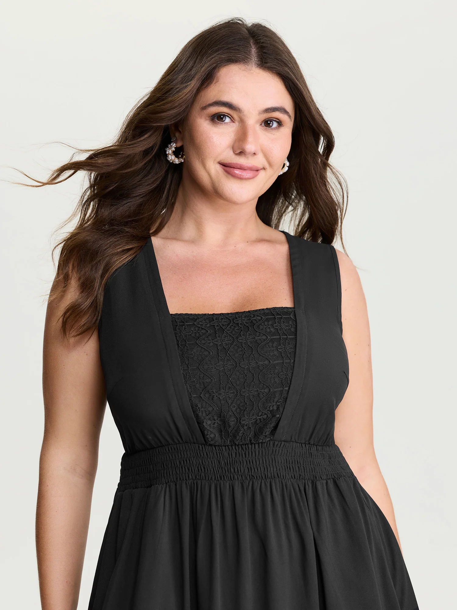 Lace Shirred Waist High Low Hem Midi Dress - Image 3