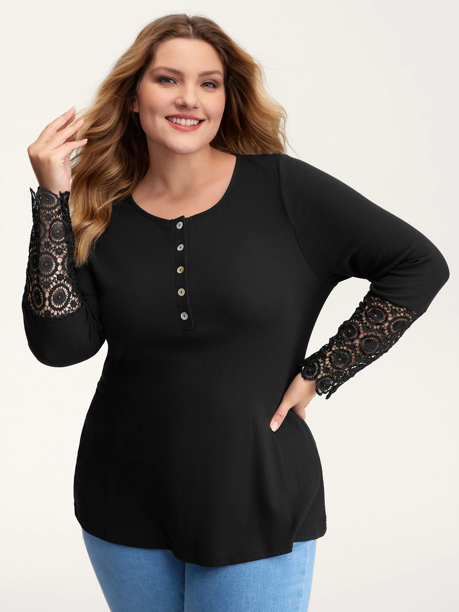 Lace Sleeve Button Placket T-Shirt - Image 2