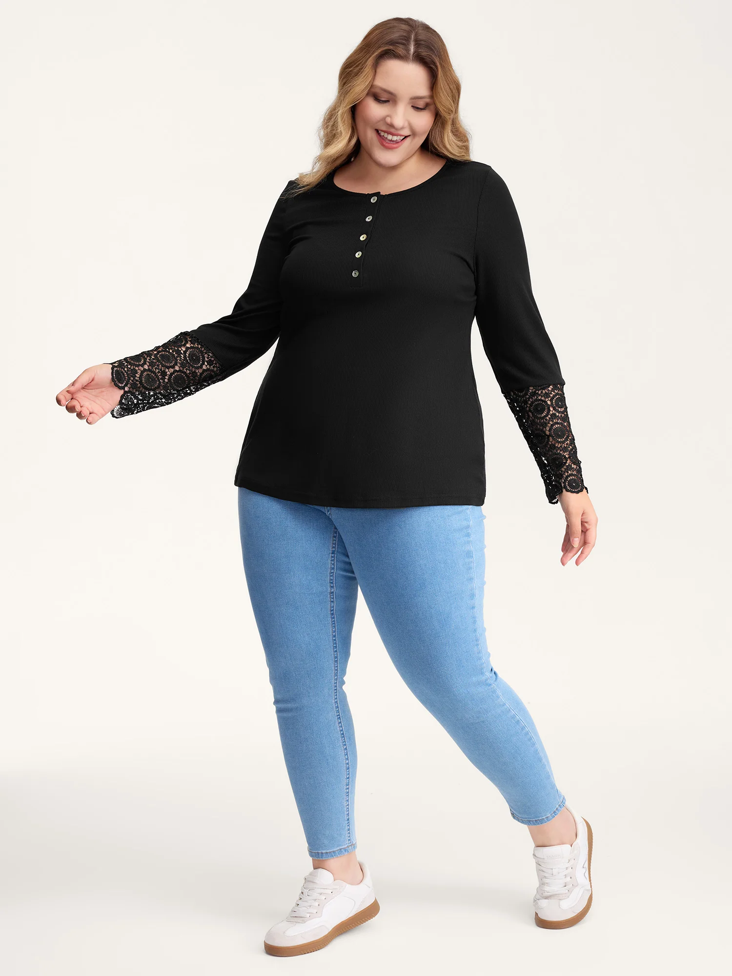 Lace Sleeve Button Placket T-Shirt - Image 3