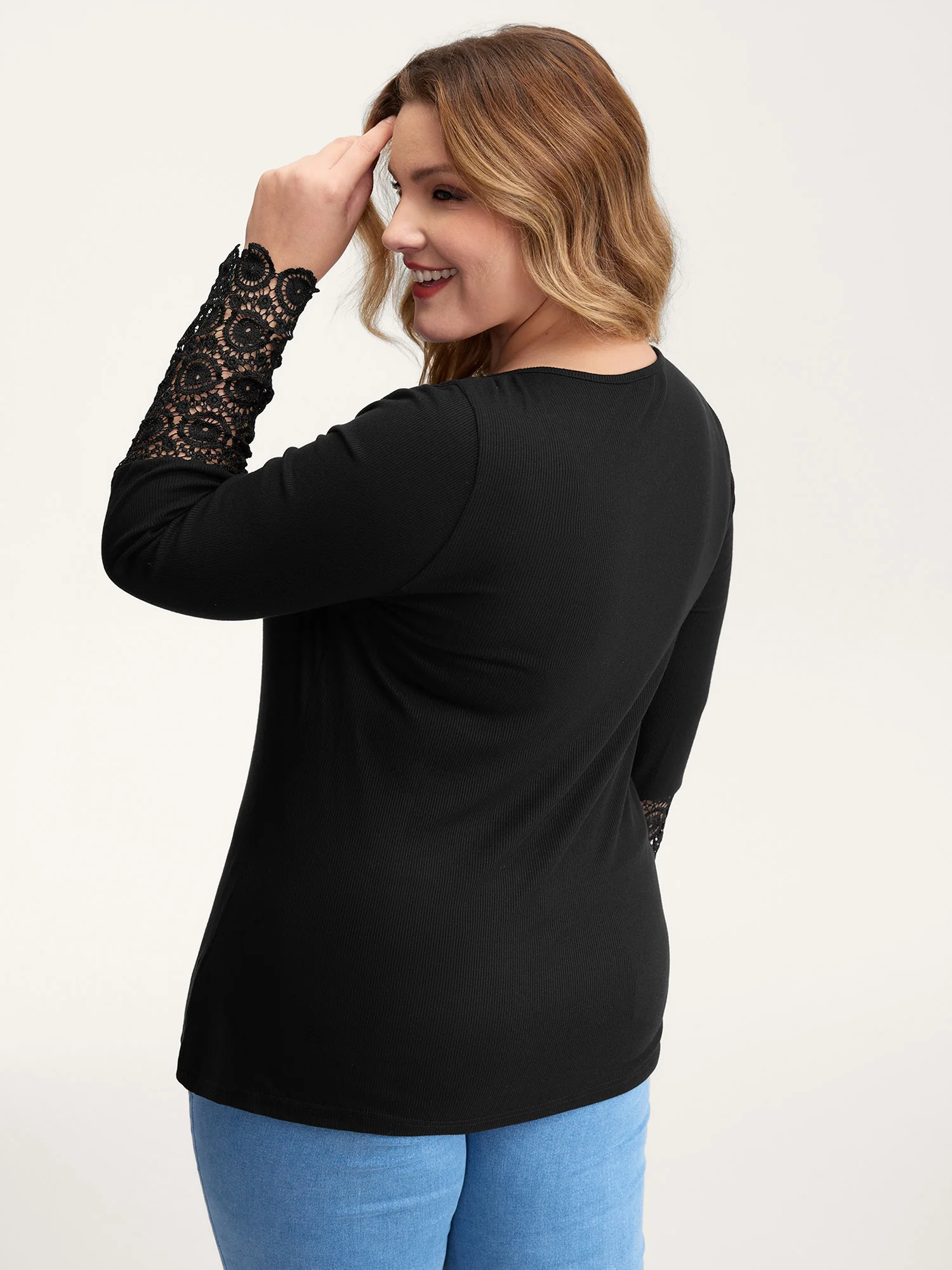 Lace Sleeve Button Placket T-Shirt - Image 4