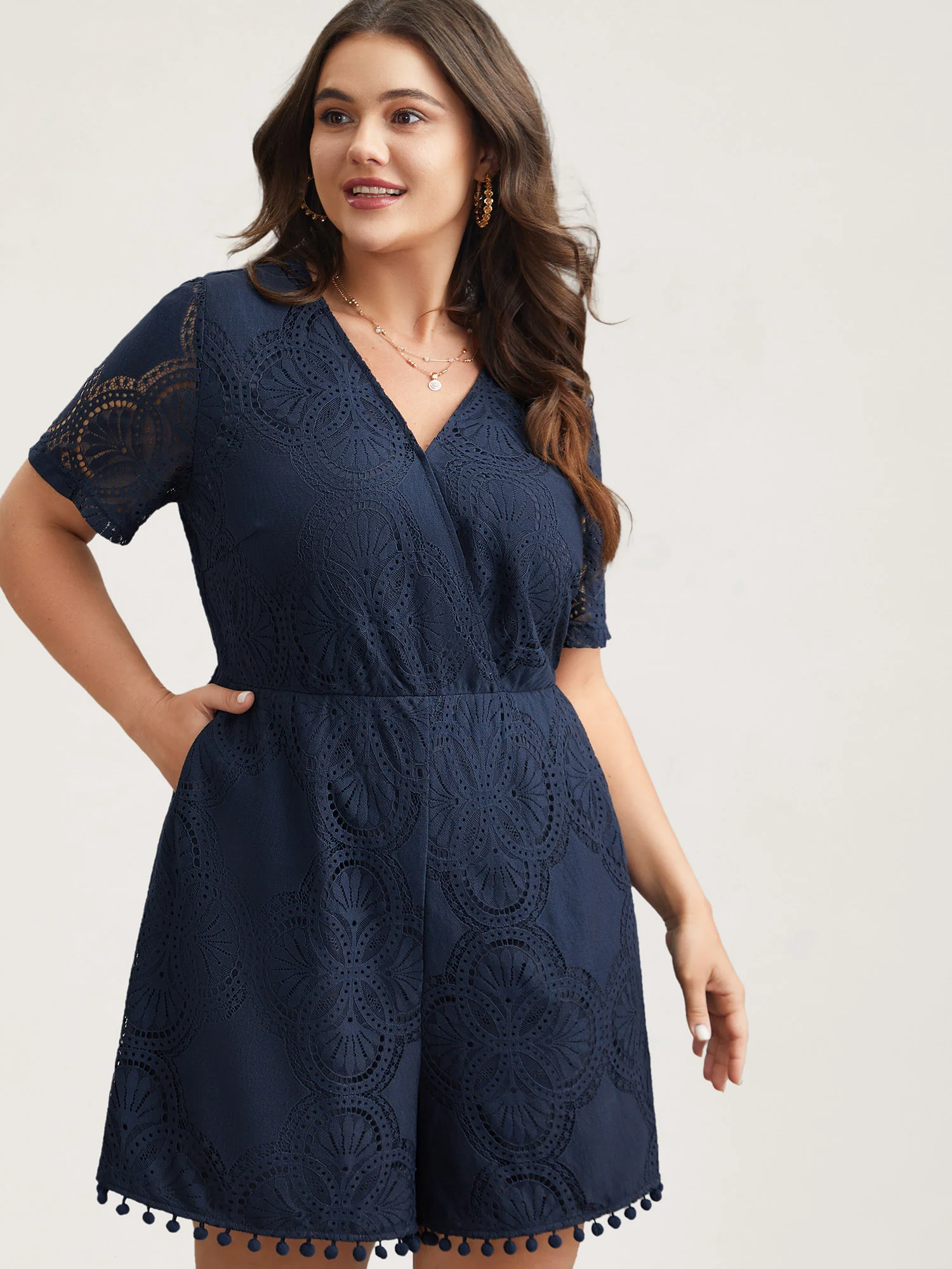 Lace Sleeve Stretchy Waist Pockets Romper - Image 4