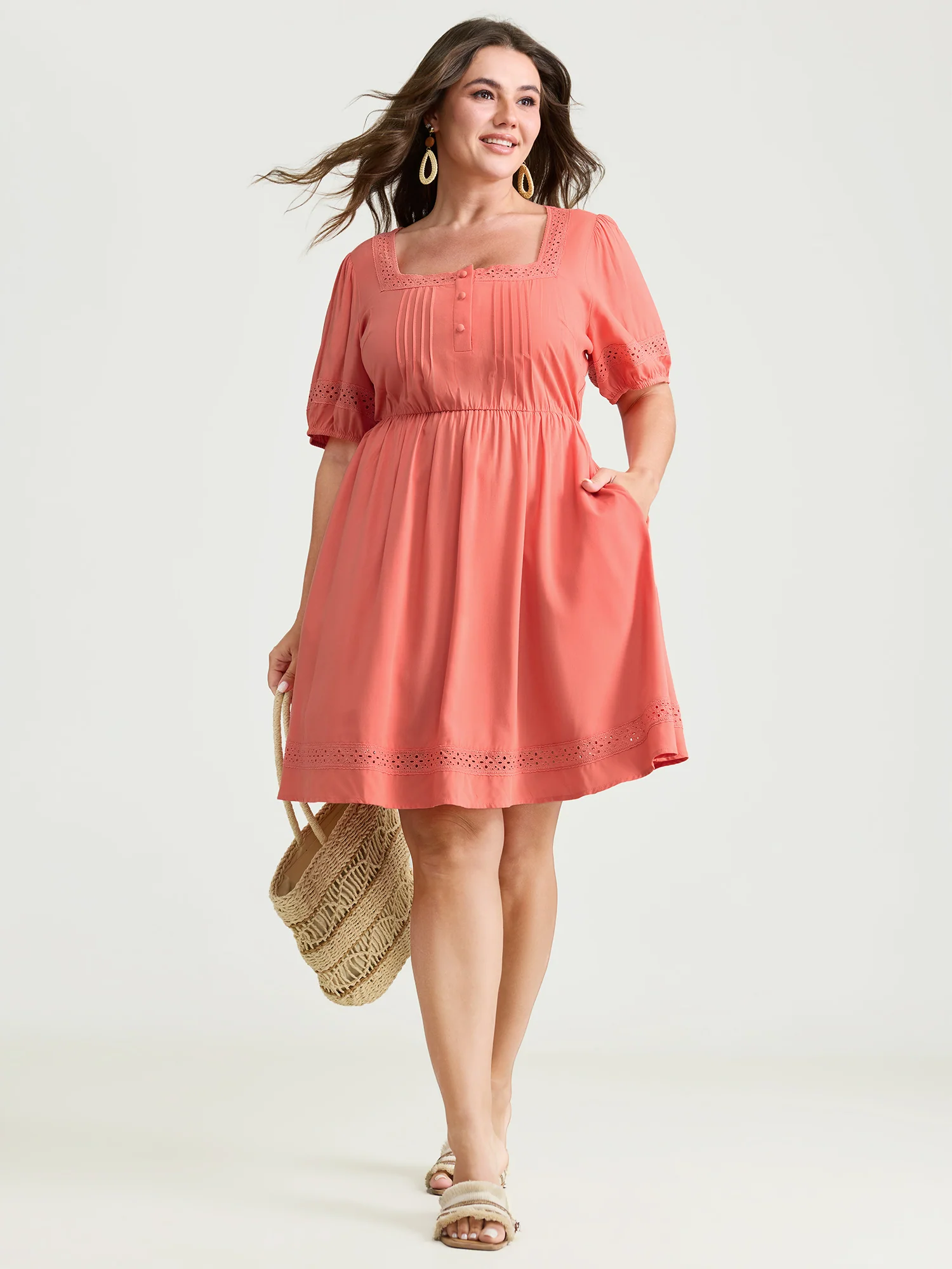Lace Square Neckline Bubble Sleeve Mini Dress - Image 3