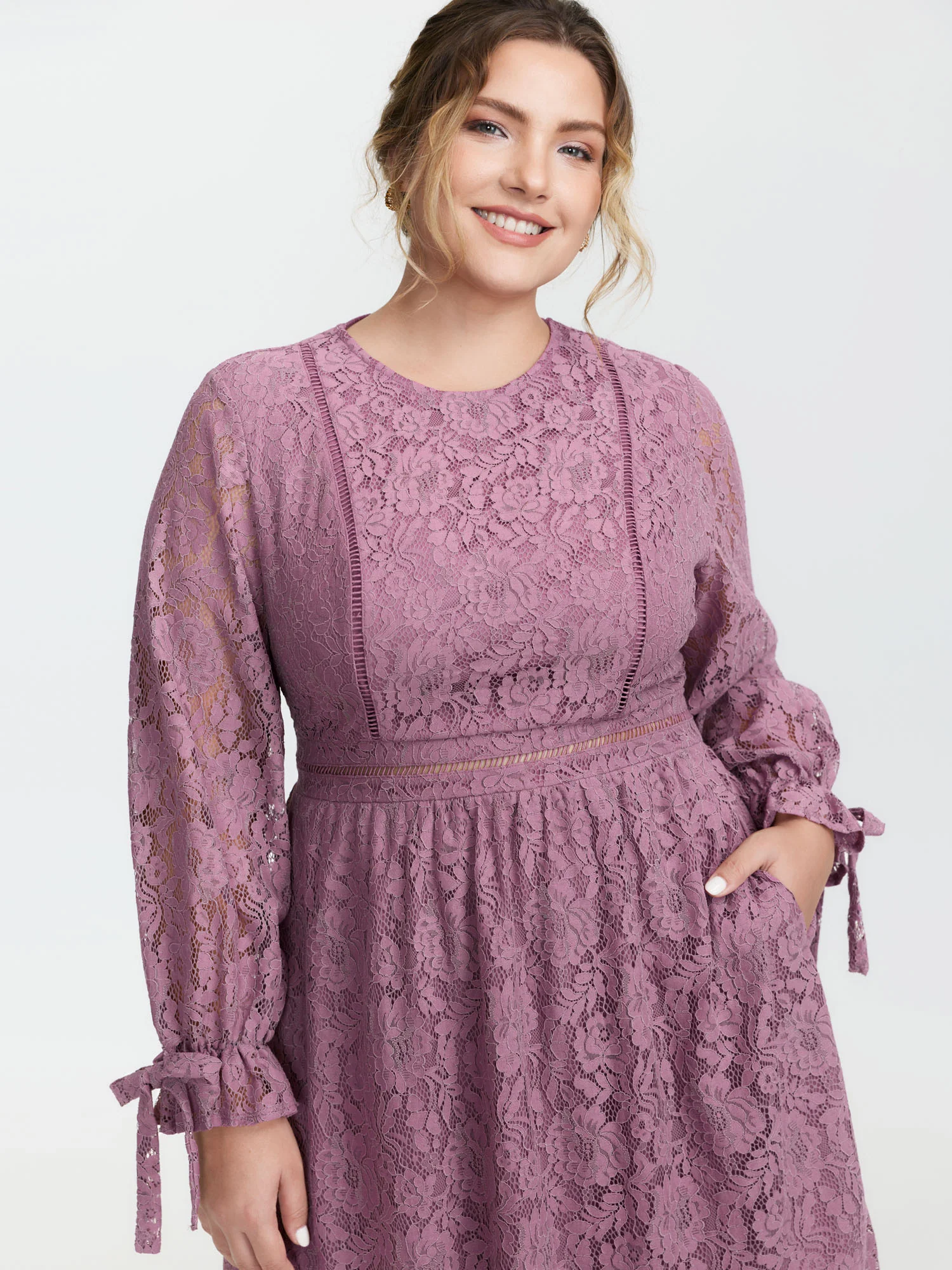 Lace Stretchy Waist Pockets Midi Dress - Image 2
