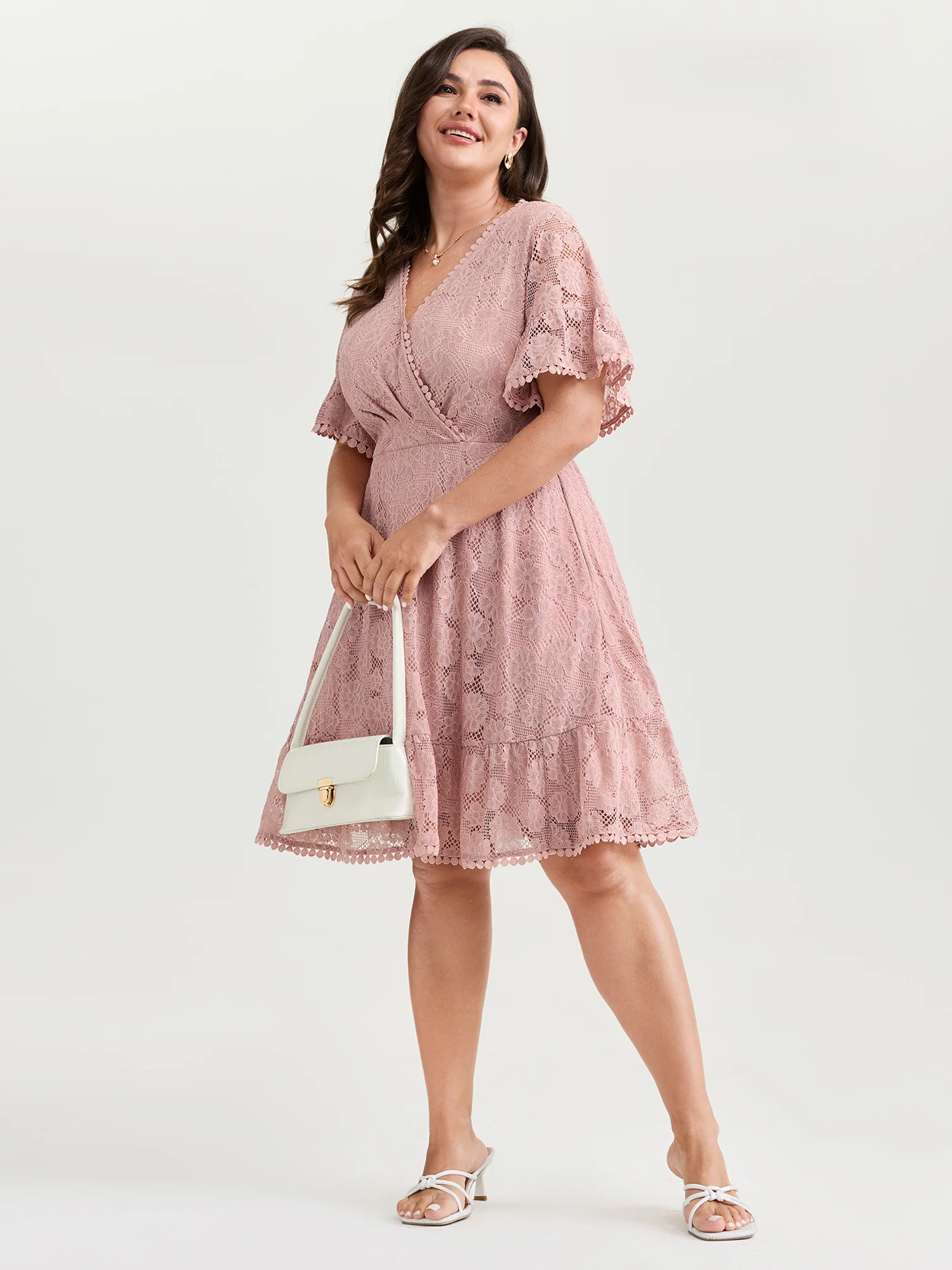 Lace Surplice Neckline Ruffled Hem Mini Dress - Image 3