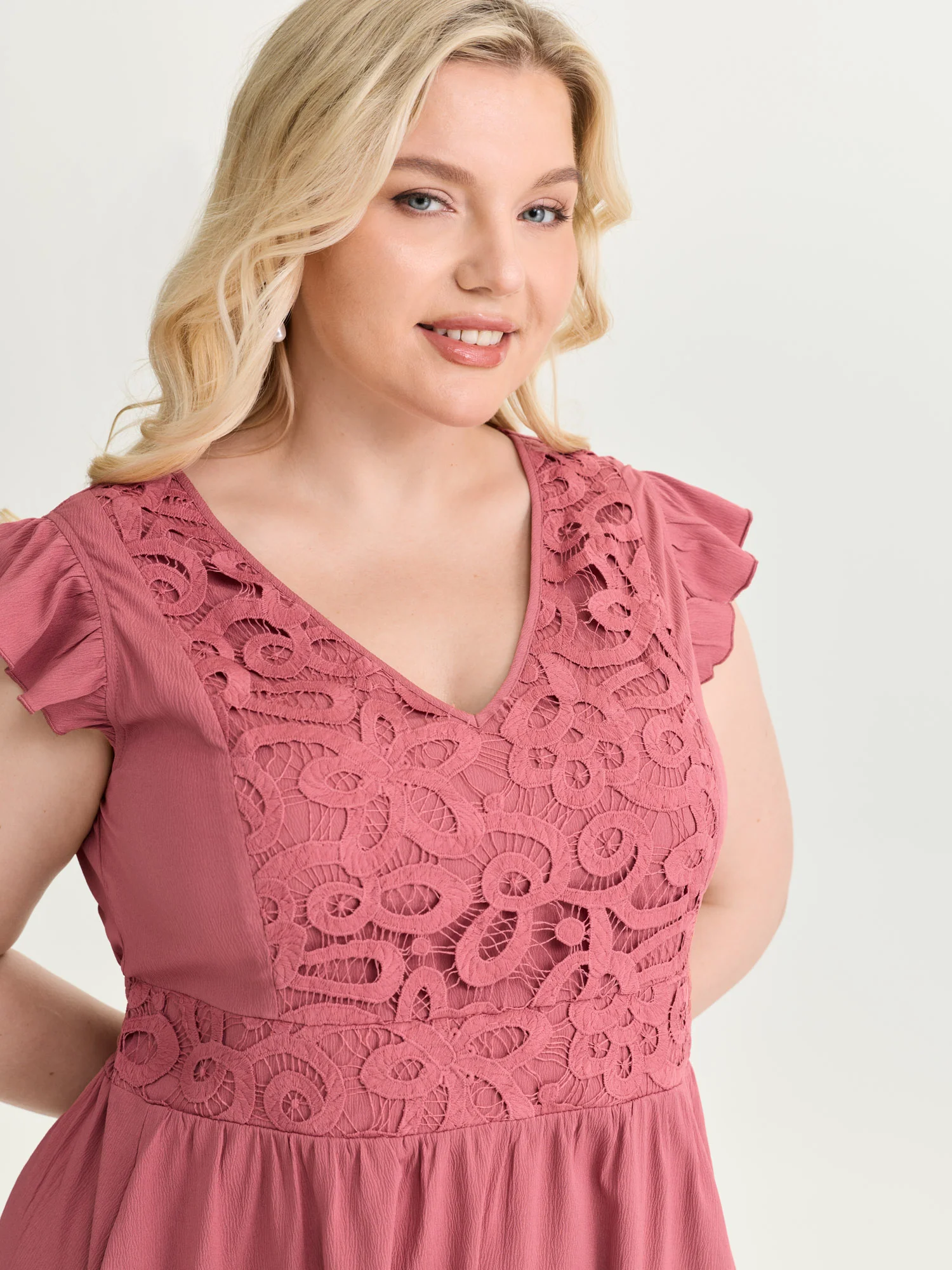 Lace Textured Bodice Flutter Sleeve Mini Dress - Image 2