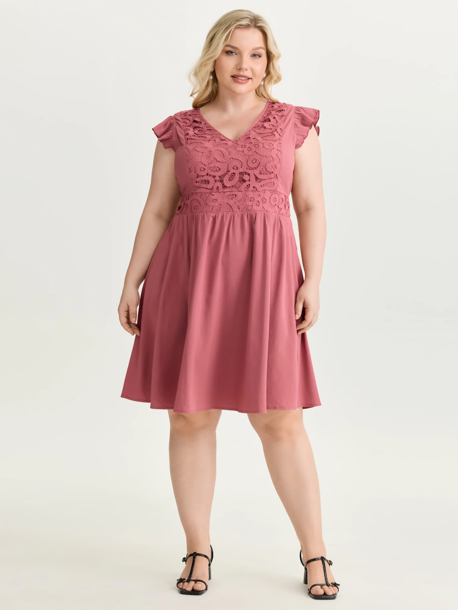 Lace Textured Bodice Flutter Sleeve Mini Dress - Image 3