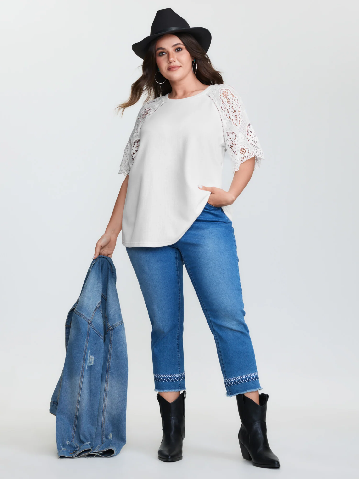 Lace Textured Flared Sleeve Plain Blouse - Image 3