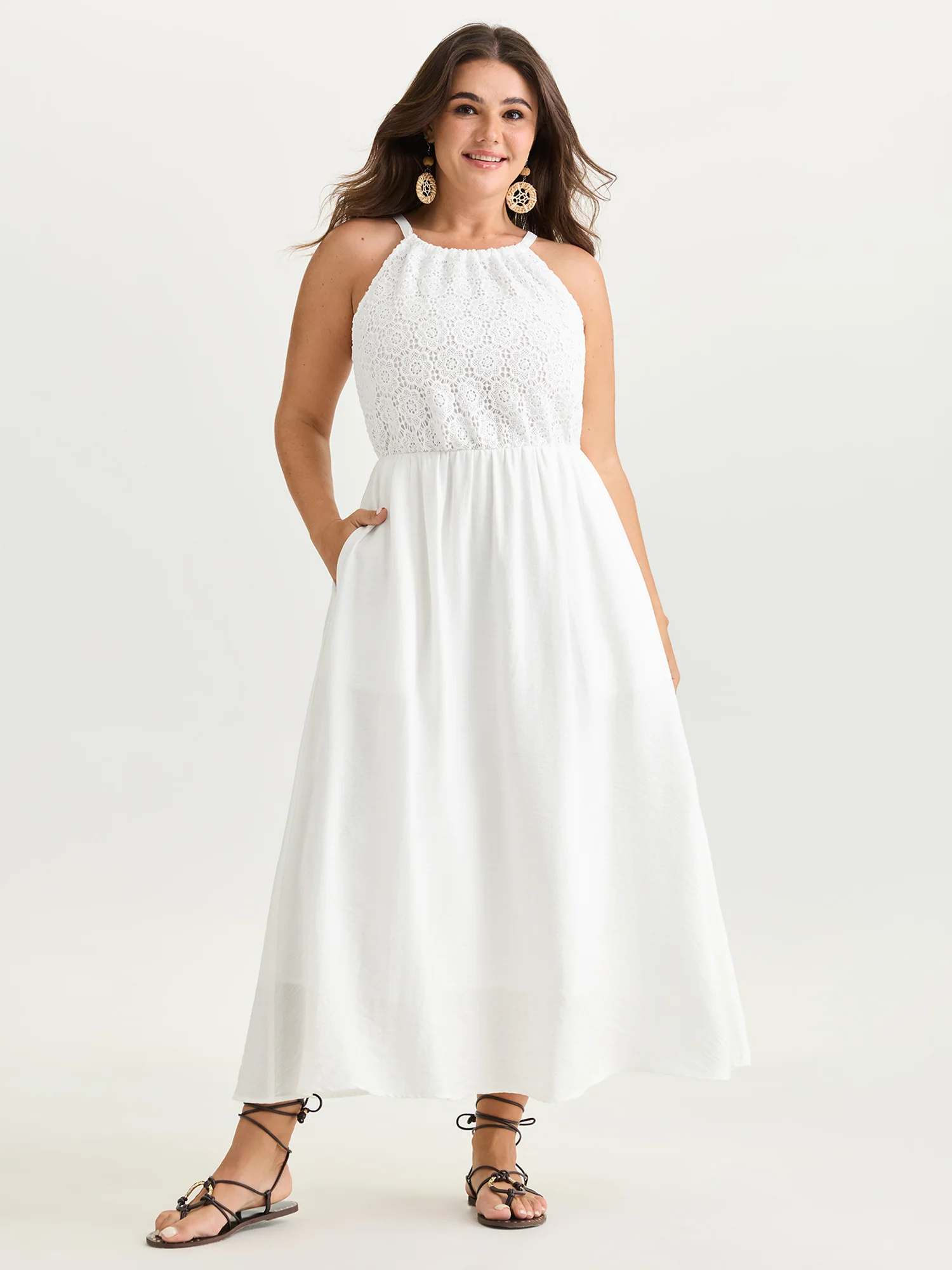 Lace Textured Halter Neckline Maxi Dress