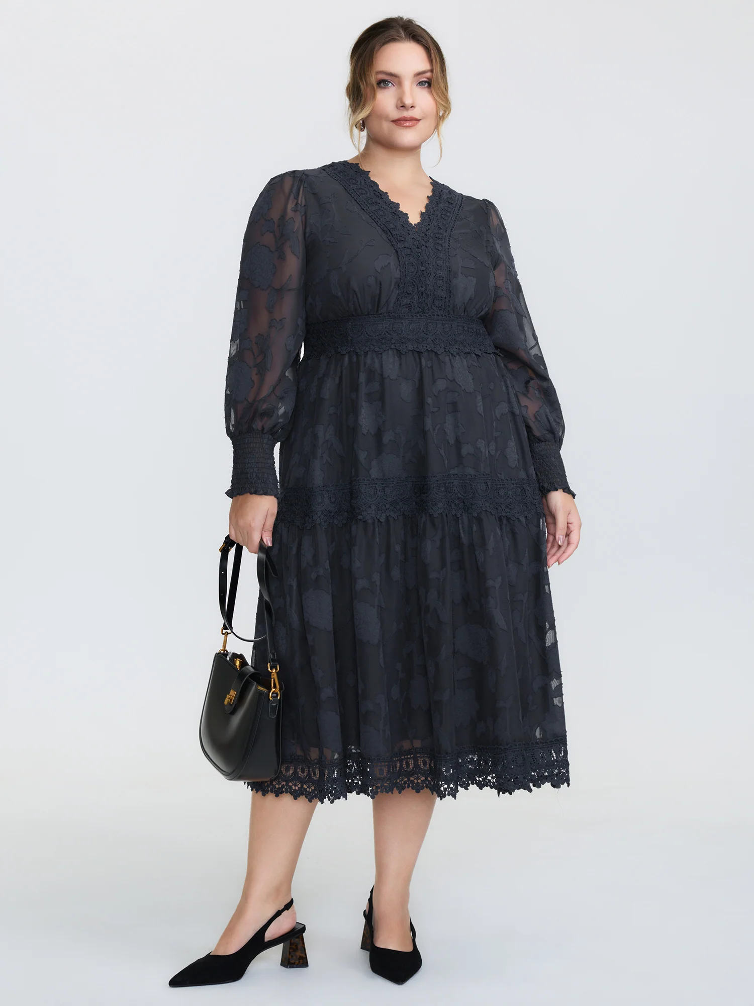 Lace Textured Pleated Waist Tiered Midi Dress - Image 3