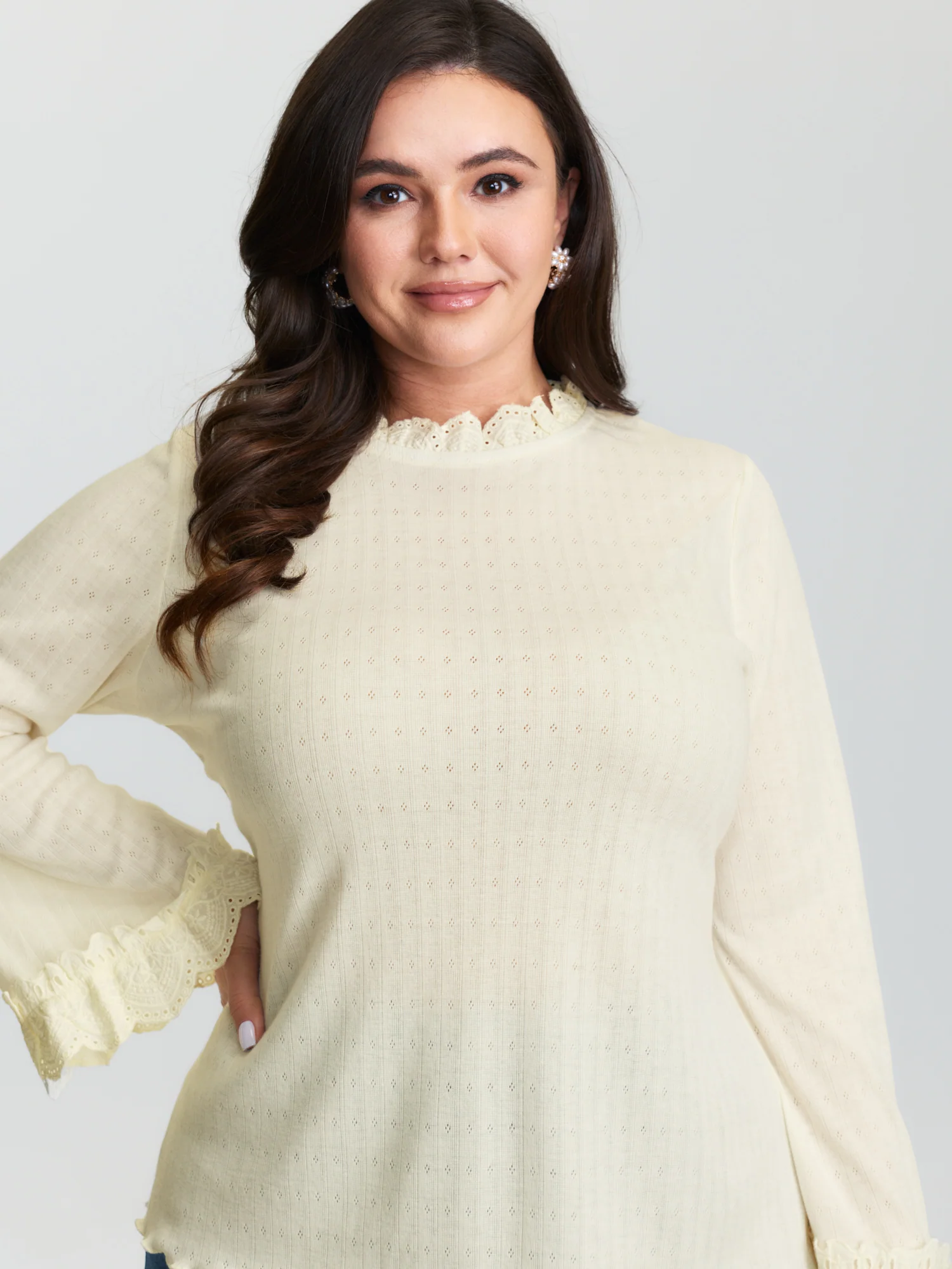 Sheer Lace Textured Ruffled Cuffs Knit Top - Image 2