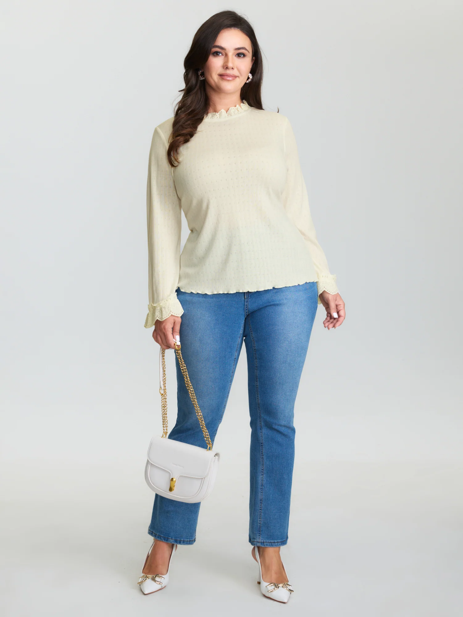 Sheer Lace Textured Ruffled Cuffs Knit Top - Image 3