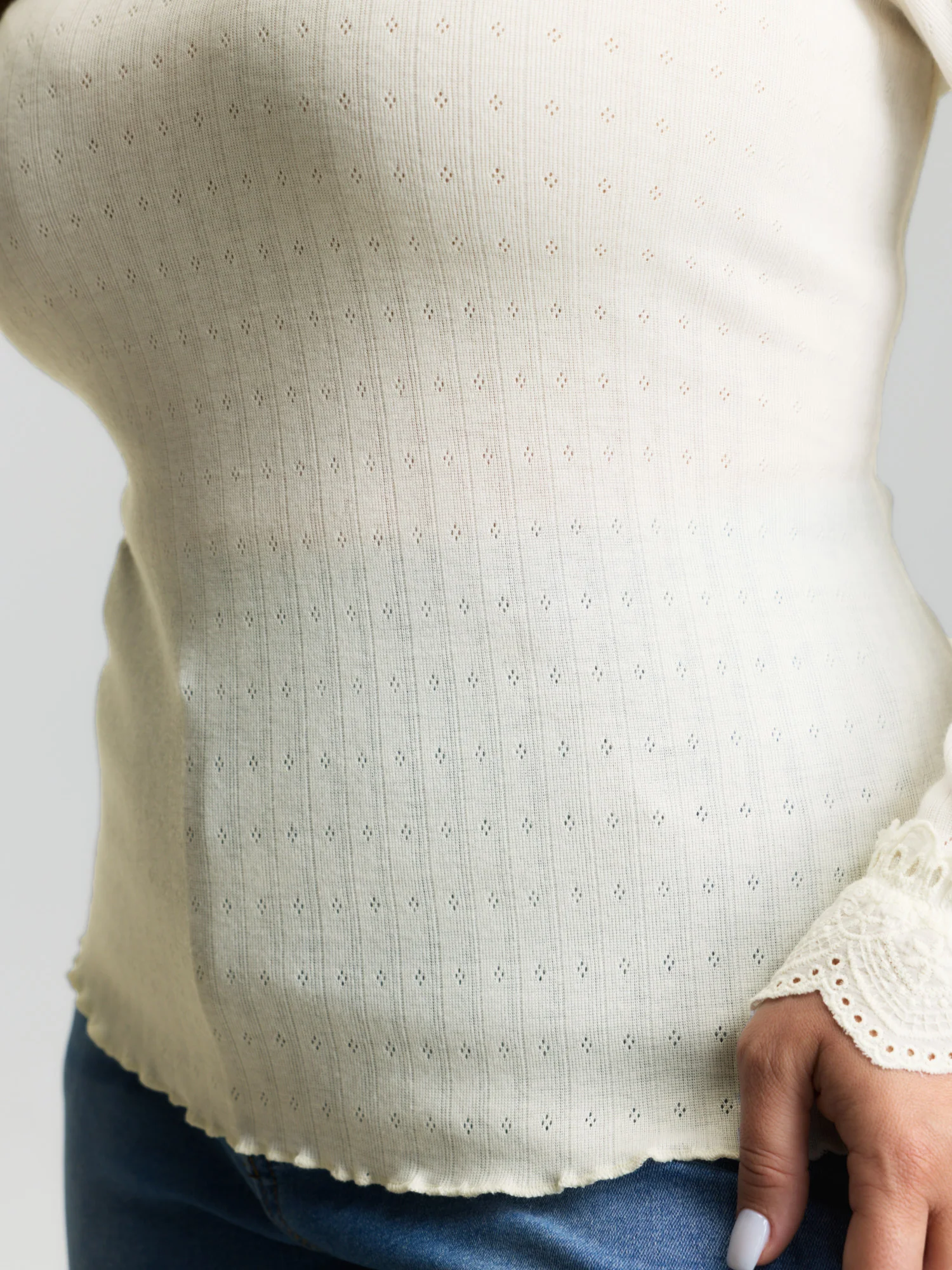 Sheer Lace Textured Ruffled Cuffs Knit Top - Image 4