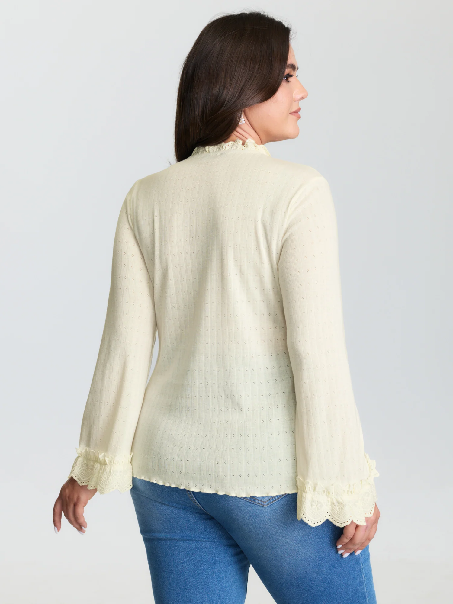 Sheer Lace Textured Ruffled Cuffs Knit Top - Image 5