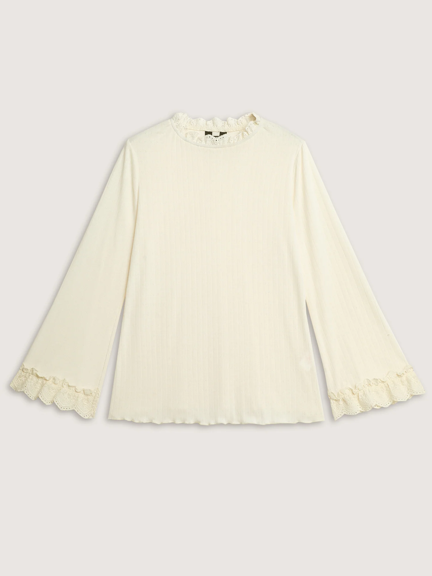 Sheer Lace Textured Ruffled Cuffs Knit Top - Image 6