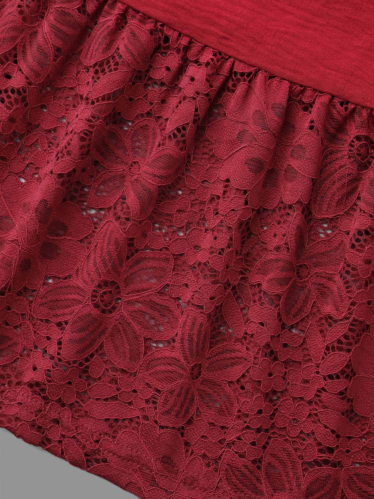 Lace Tiered Skirt Elastic Waist V-Neck Dress - Image 6