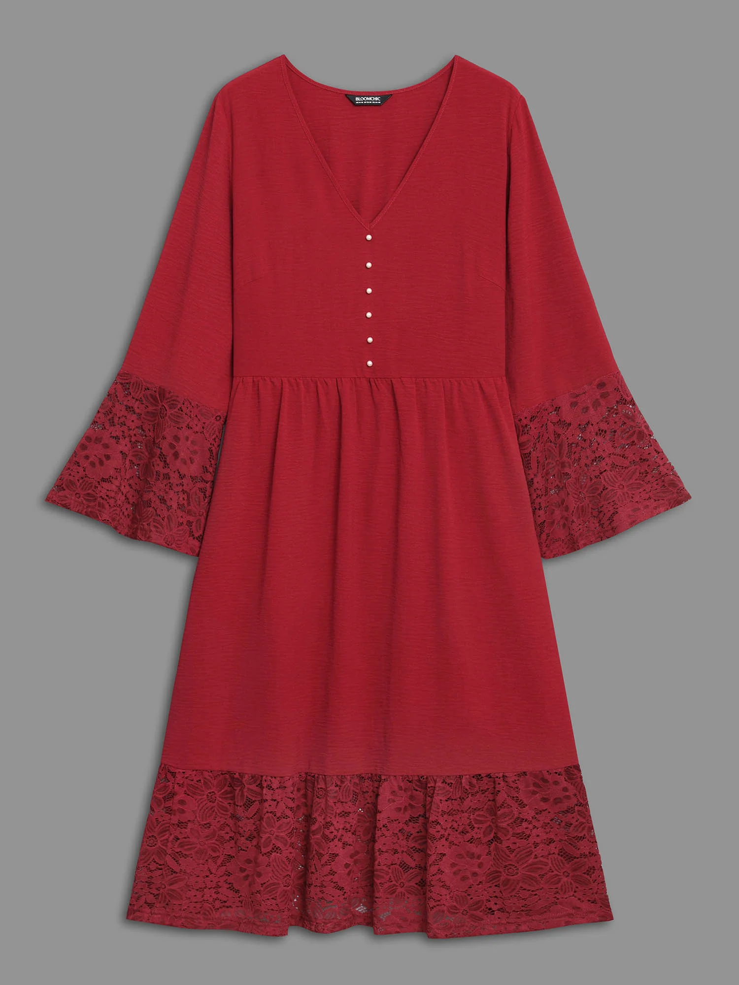 Lace Tiered Skirt Elastic Waist V-Neck Dress - Image 7
