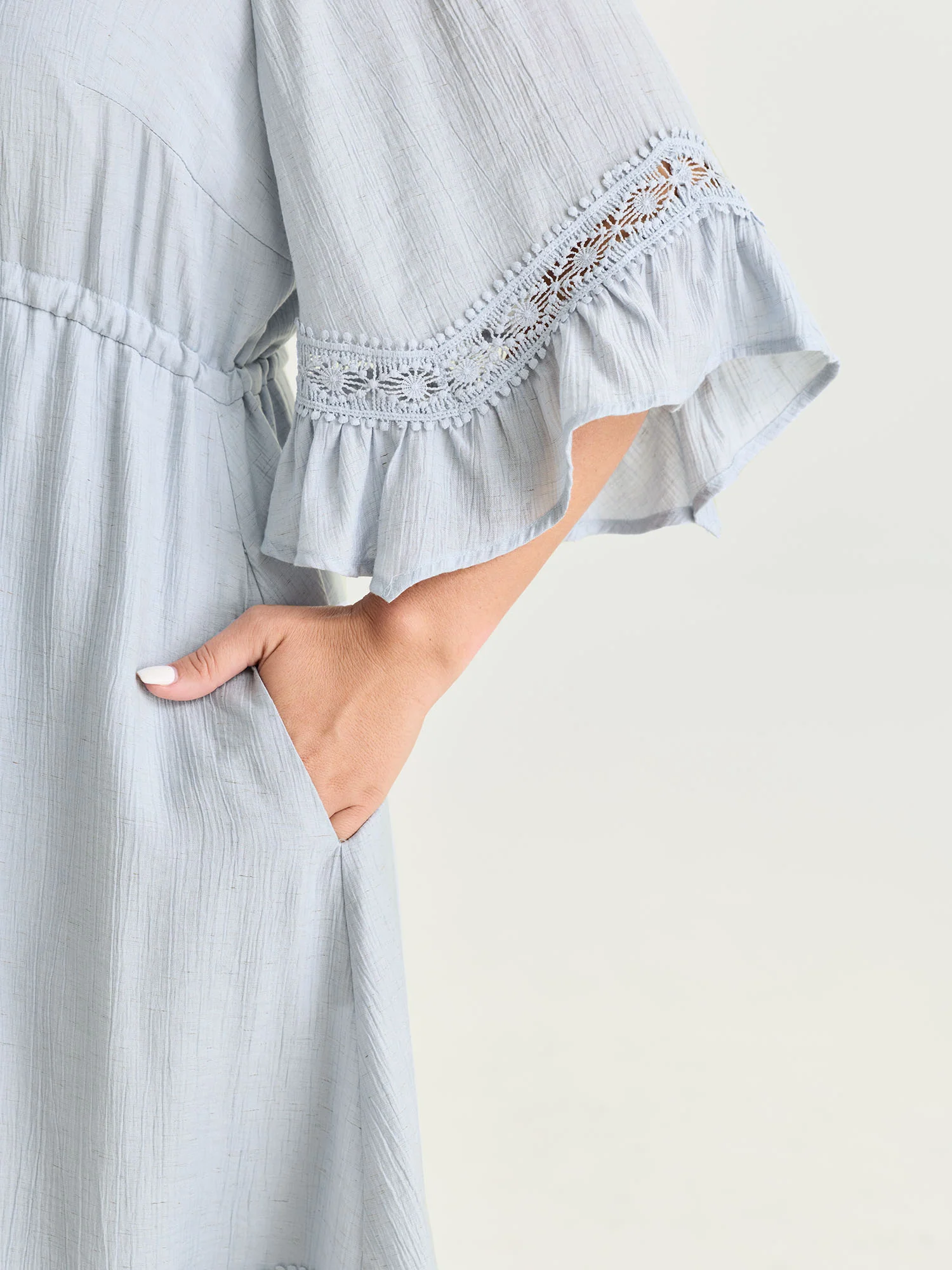 Lace Trim Adjustable Drawstring Waist Mini Dress - Image 3