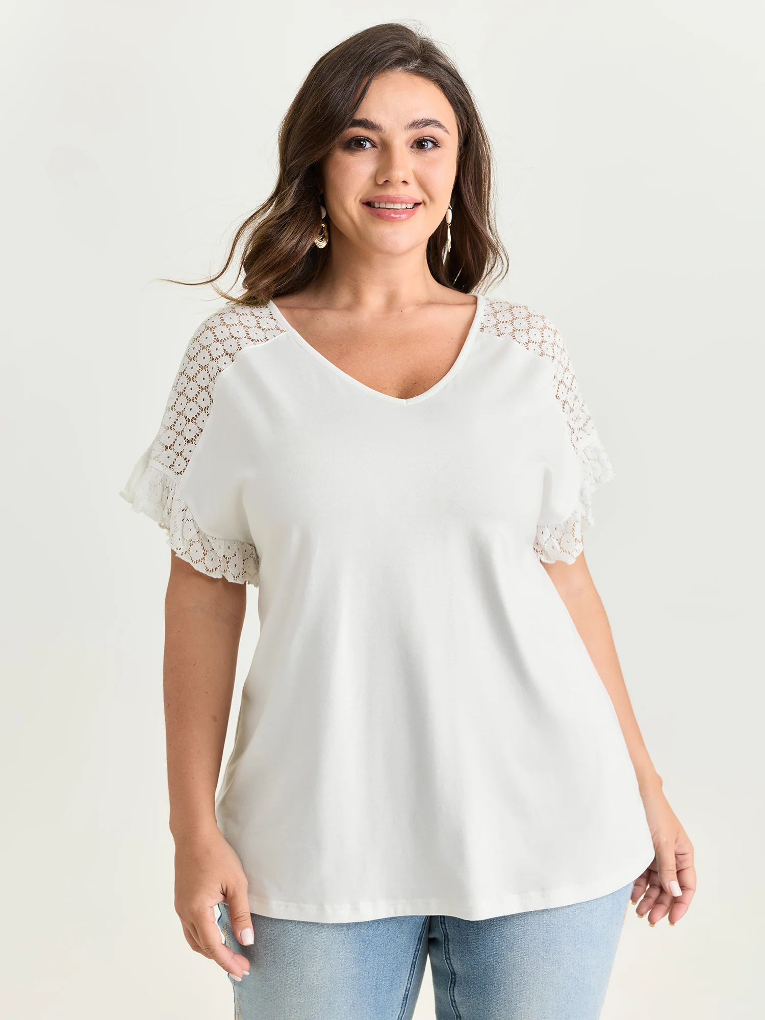 Lace Trim Back Detail V-Neck T-Shirt - Image 2