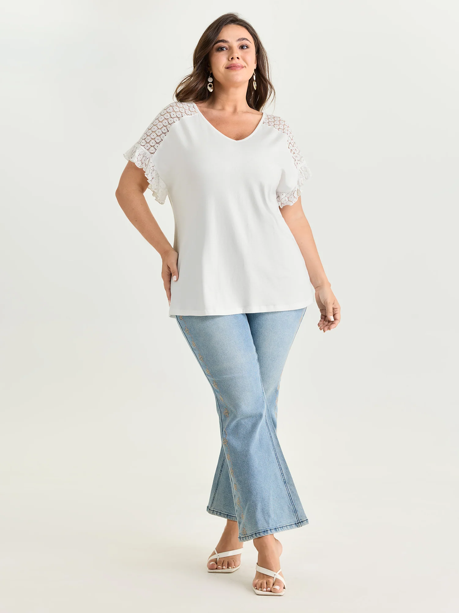 Lace Trim Back Detail V-Neck T-Shirt - Image 3