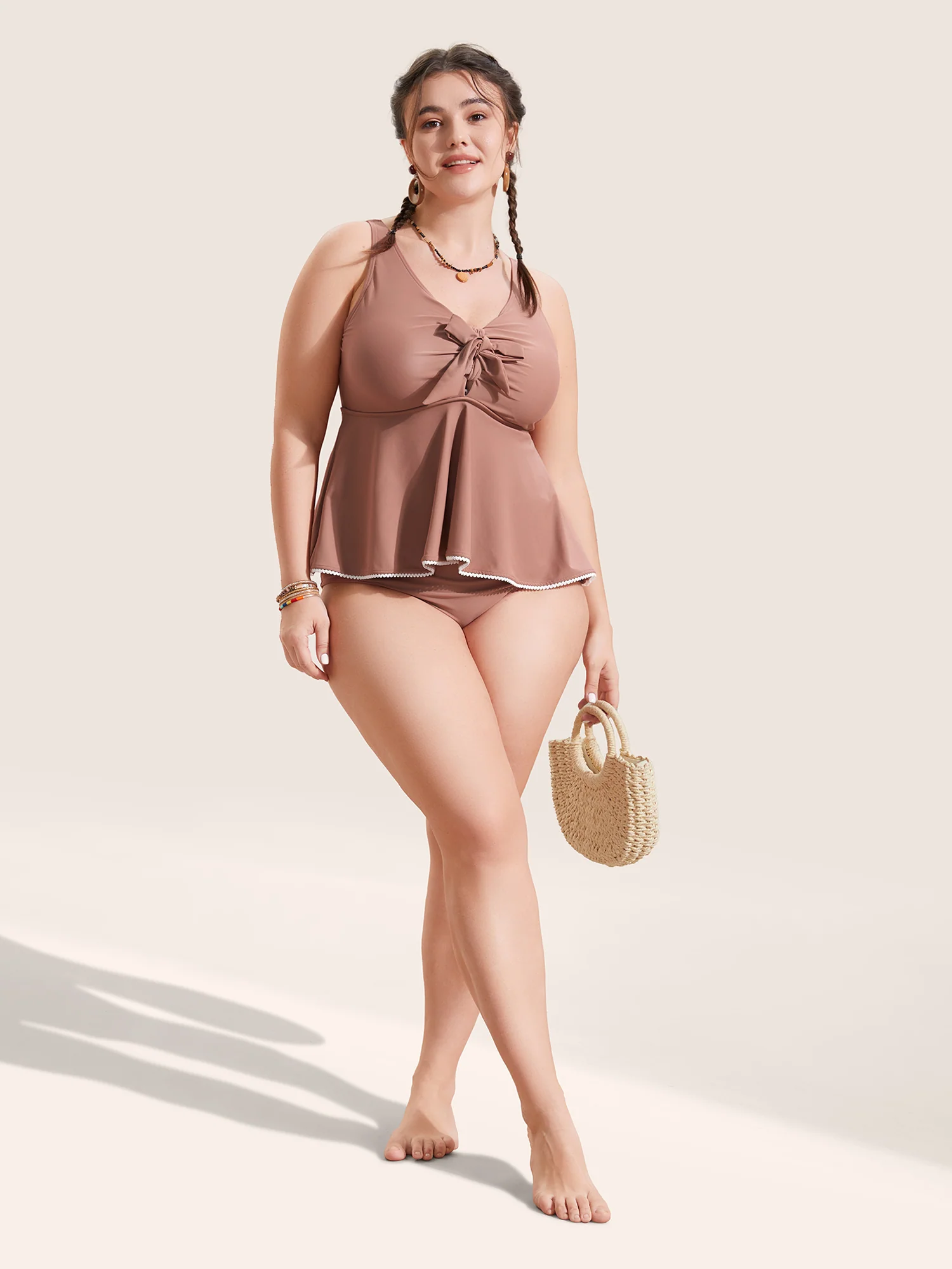 Lace Trim Bowknot Front Ruched One Piece Swimsuit - Image 3