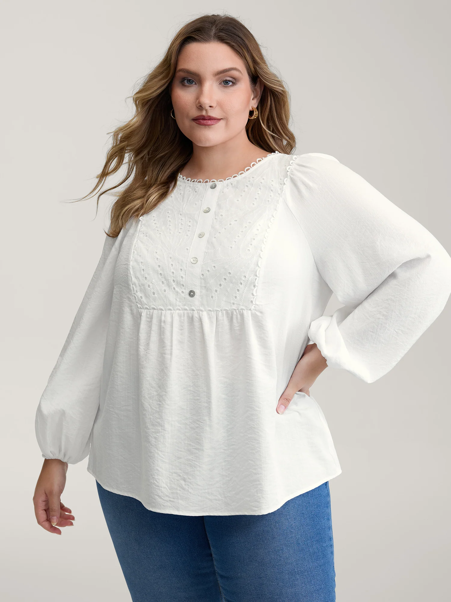 Lace Trim Button Decor Blouse
