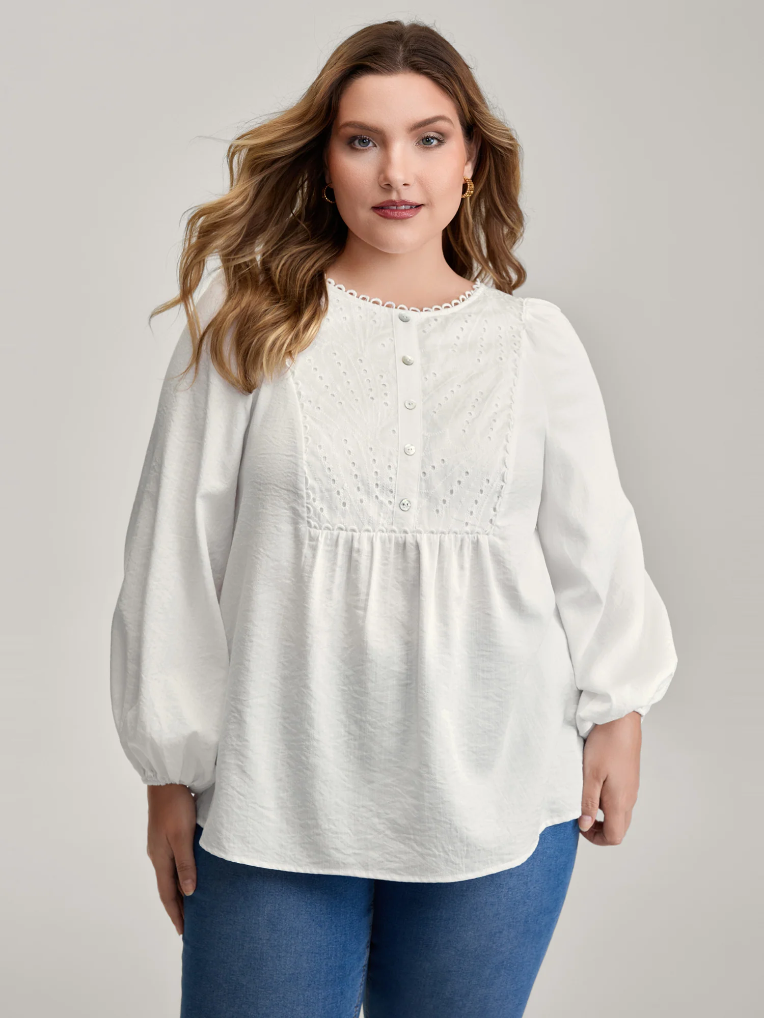 Lace Trim Button Decor Blouse - Image 3