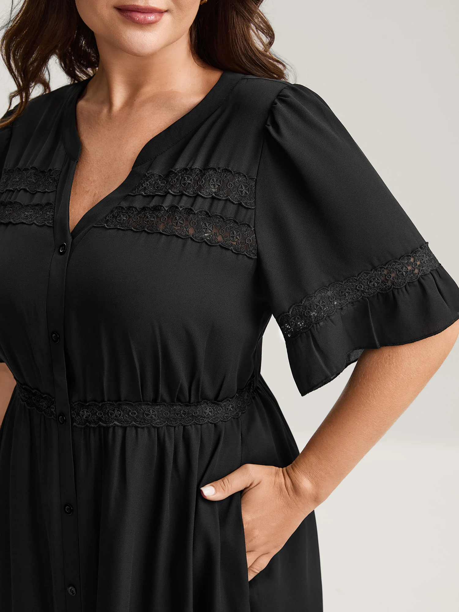 Lace Trim Button Placket Midi Dress