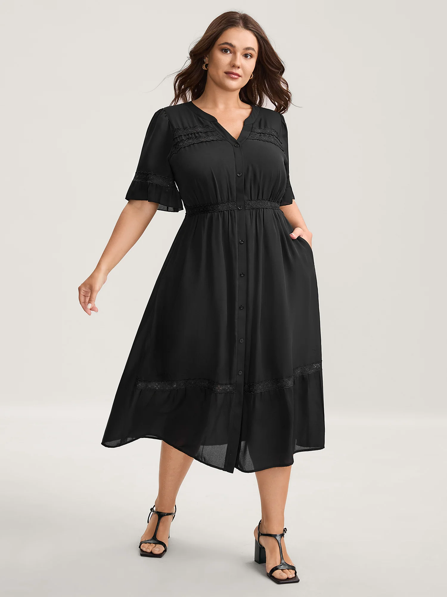 Lace Trim Button Placket Midi Dress - Image 2