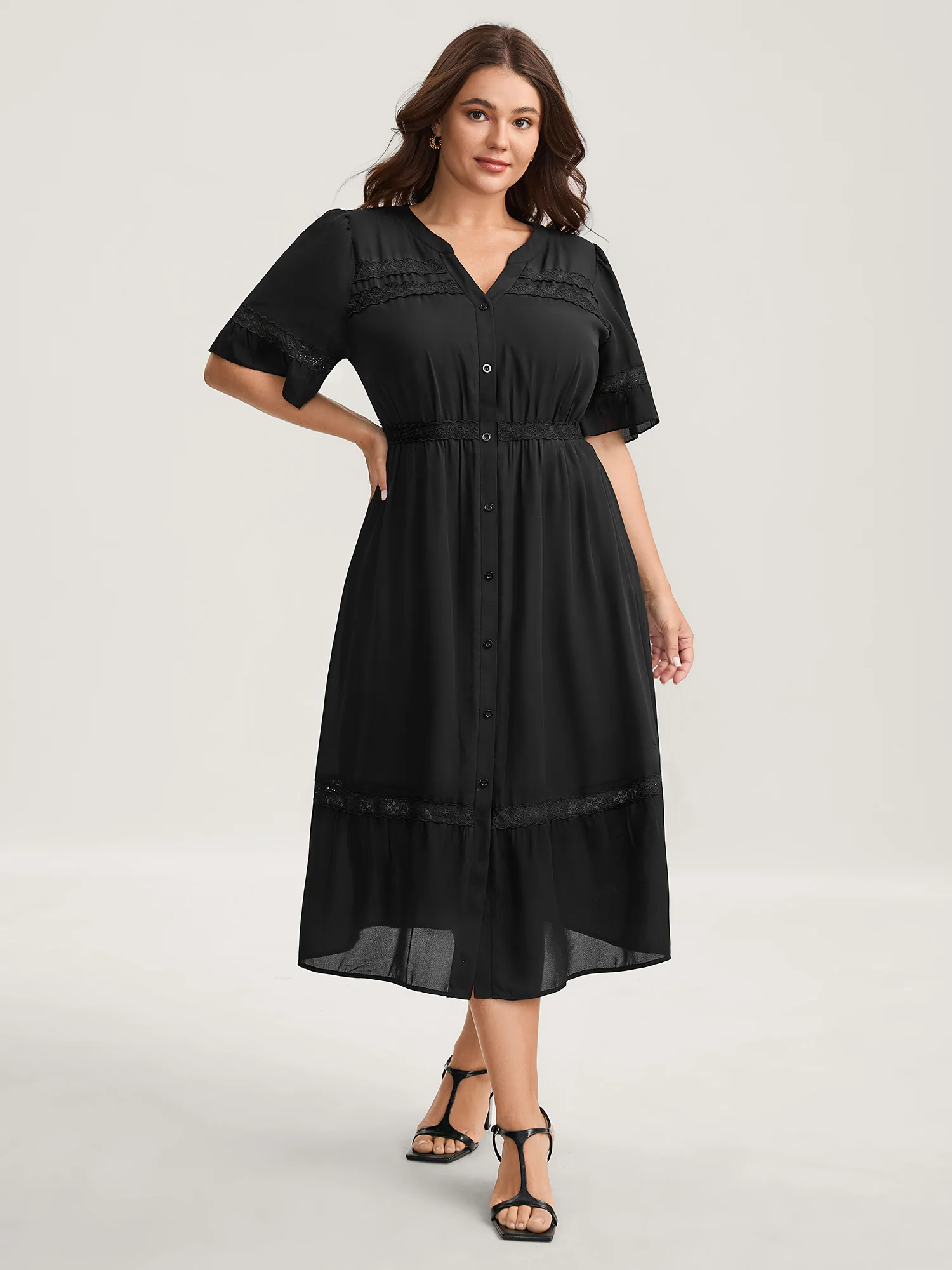 Lace Trim Button Placket Midi Dress - Image 3