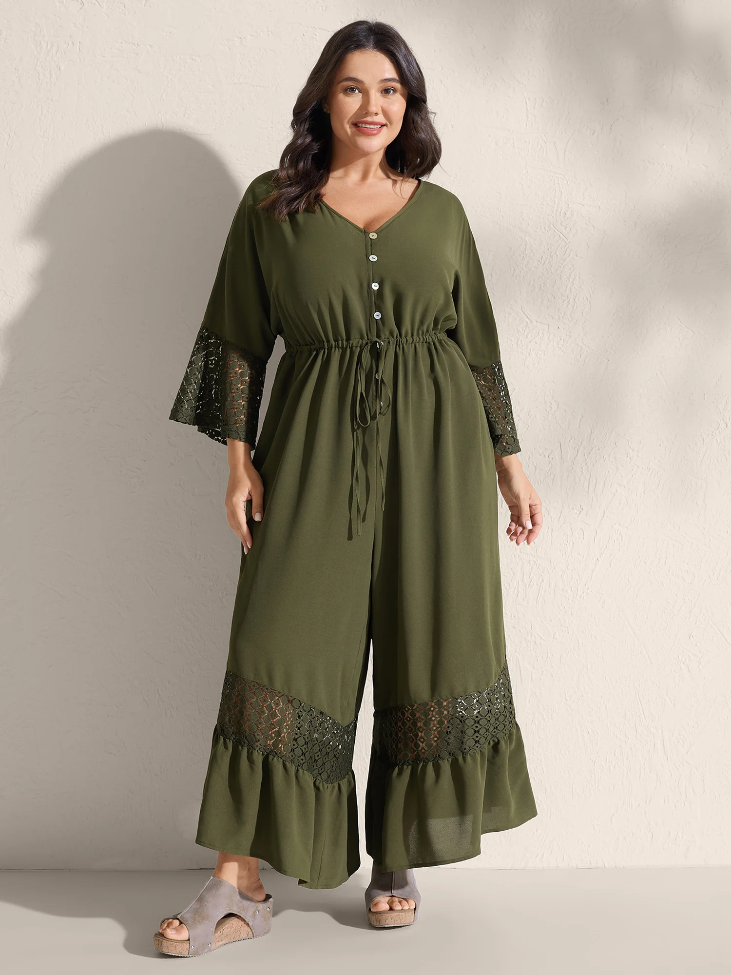 Lace Trim Curvy Tiered Hem Jumpsuit