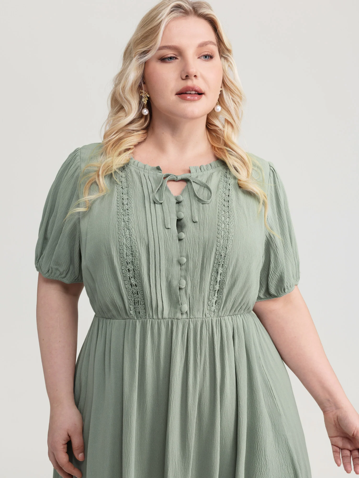 Lace Trim Drawstring Neckline Plain Midi Dress - Image 2